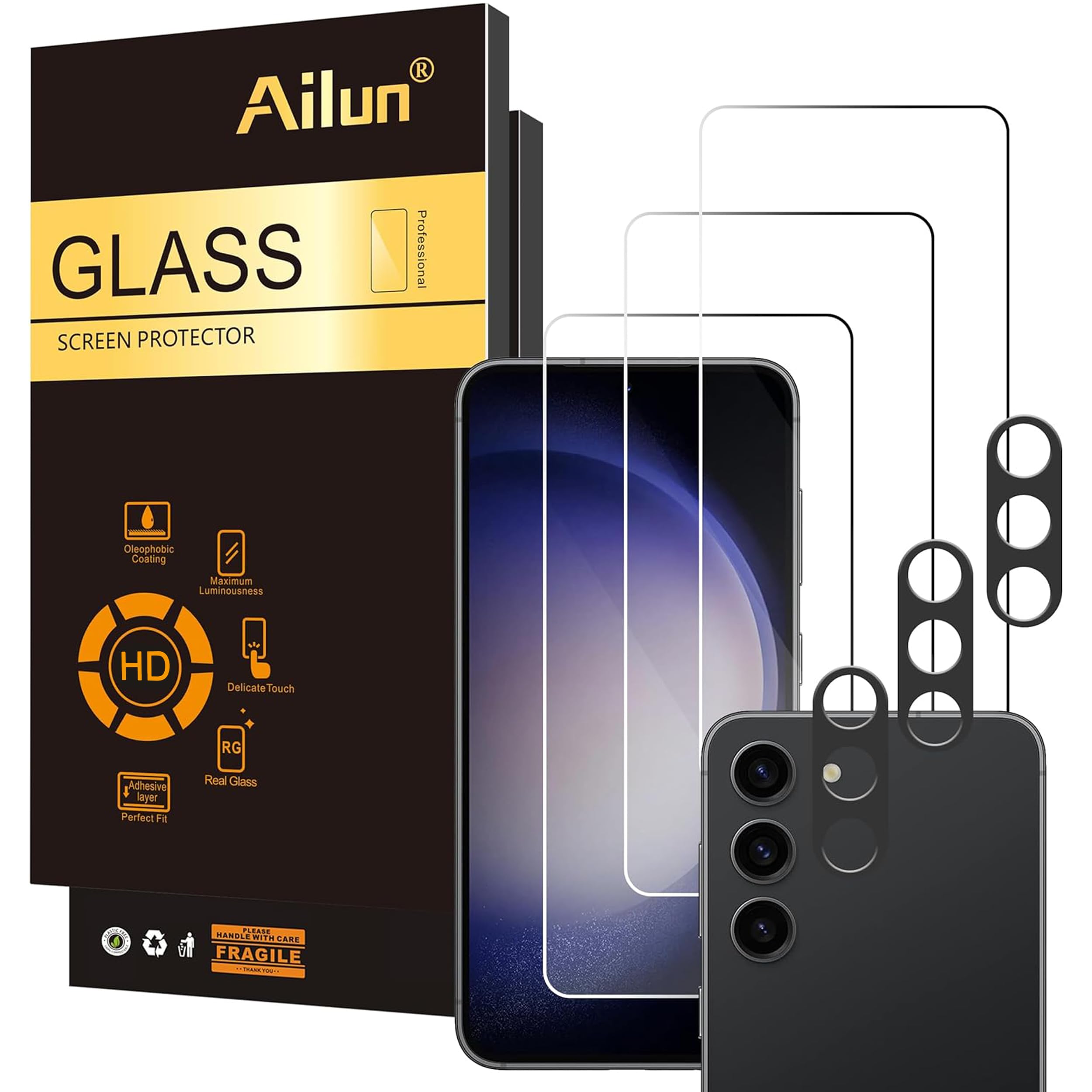 Ailun Screen Protector + Camera Lens Protector for Galaxy S23 FE, 3+3 Pack | 6.4 Inch, Tempered Glass, Fingerprint Unlock, 0.25mm, Ultra Clear, Anti-Scratch, Case Friendly Transparent S23 FE 6.4 inches