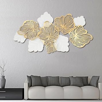 3D Metal Flower Wall Art Decor for Living Room, Modern Large Gold Leaves Hanging Artwork Decoration Sculpture for Home Room Bedroom Kitchen Gold Flower Blooming