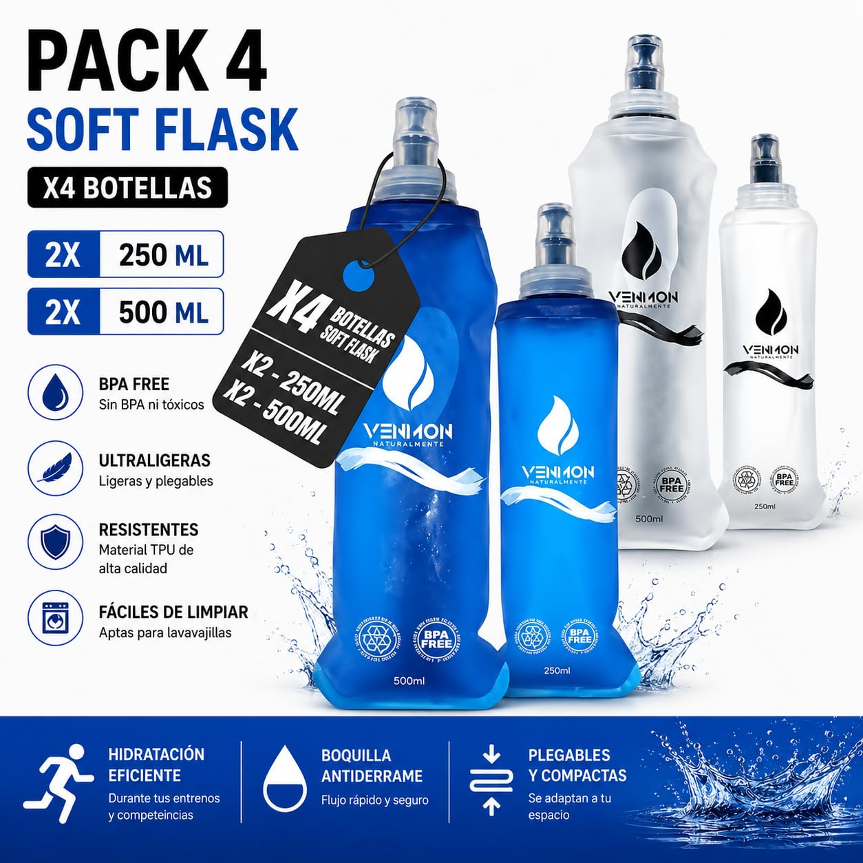 Soft Flask 250ml y 500ml Pack de 4 | Botella Plegable de Agua para Running, Trail Running, Ciclismo y Senderismo | Bolsa de Hidratación Deportiva de TPU Libre de BPA, Válvula Antigoteo