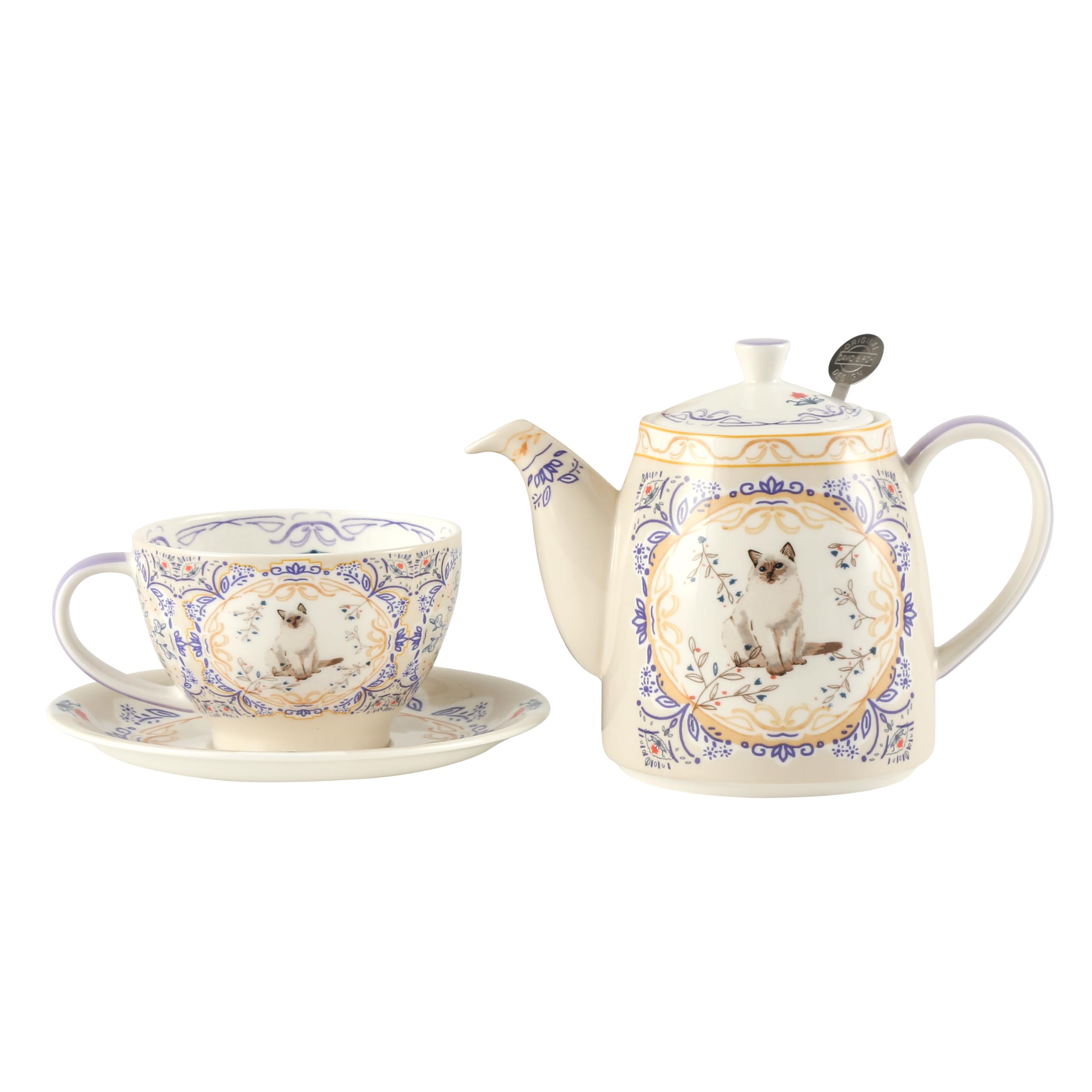 London Pottery Service à thé Aternoon en porcelaine anglaise pour 1 personne, théière, tasse et soucoupe à motif animal (chat)