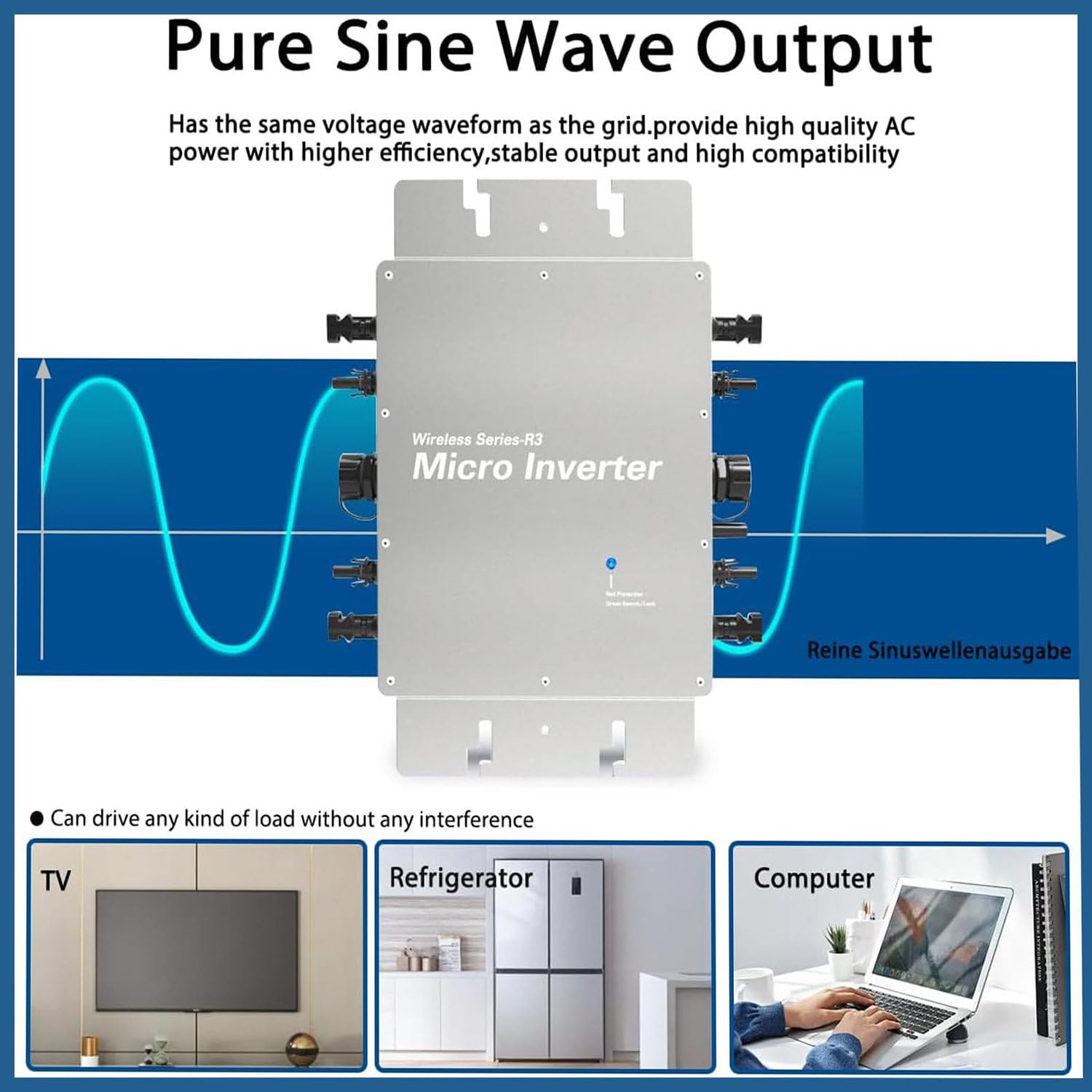 Micro-onduleur Solaire, onduleur Solaire 1600 W, étanche IP65, Identification Automatique de la Tension CA, en Alliage d'aluminium, pour énergie Solaire multifonctionnelle