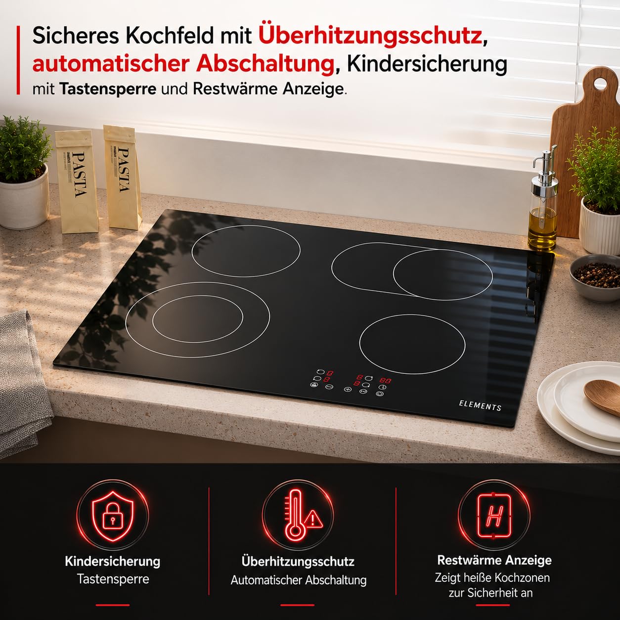 Autarkes Herdset 60 cm – Einbaubackofen mit Air Fry & Steam Clean, Glaskeramik Kochfeld 59 cm mit Flexzone, Dual-Ring Kochzone, Timer, Kindersicherung, 9 Leistungsstufen, A+ Energieklasse