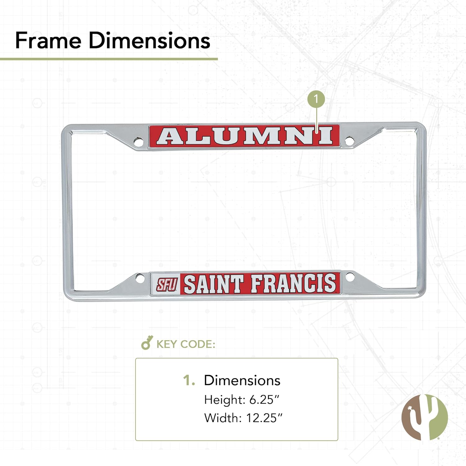 Desert Cactus Saint Francis University Car Accessories Metal License Plate Frame and Sticker for Front or Rear of Car (Sticker Frame Combo - Alumni)