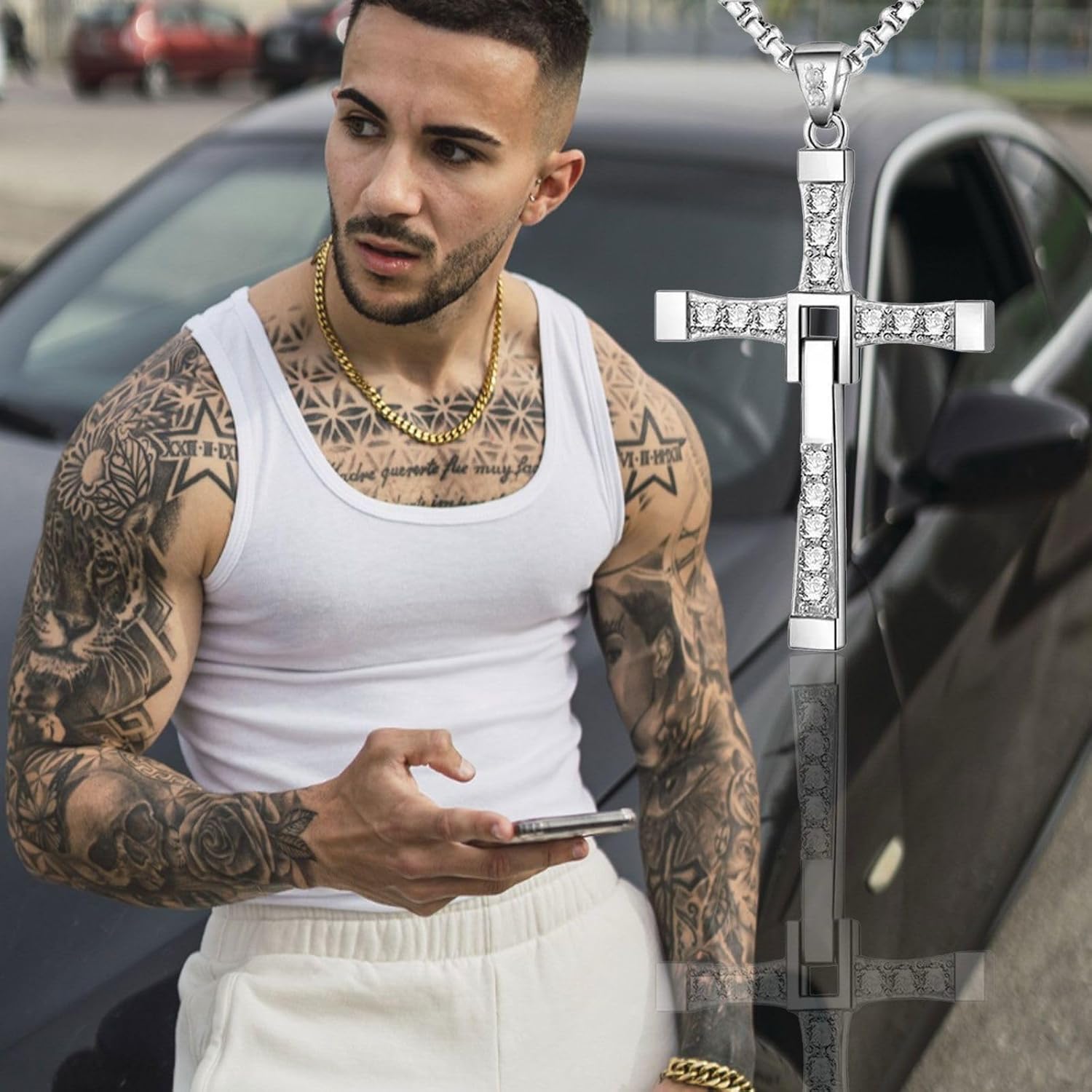 Ozzy Osbourne Cross Necklace, Dominic Toretto Necklace with Small Diamonds Silver, Sterling Silver Cross Pendant Necklace with Cubic Zirconia, Religious Jewelry - Image 5