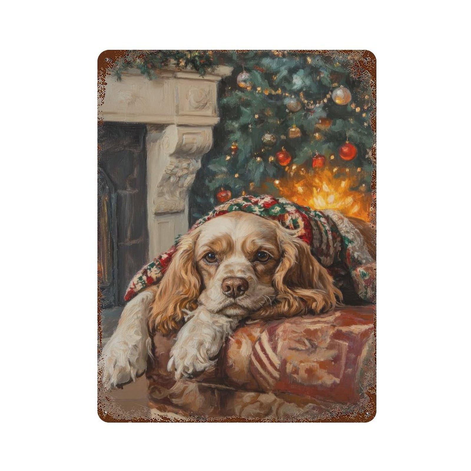 Garage Style Cocker Spaniel Dog by Fireplace Christmas Painting Rusty Metal Tin Sign 15.7"x11.8", Farmhouse Wall Decor for Bar And Workshop