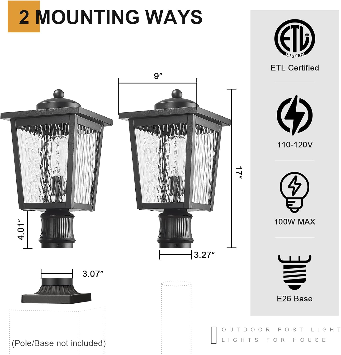Outdoor Post Lights Lamp Post Light Fixture Posts Outdoor Lighting Outside Lighting with Water Ripple Glass Aluminum Black Finish for Walkway, Driveway, Patio, Porch