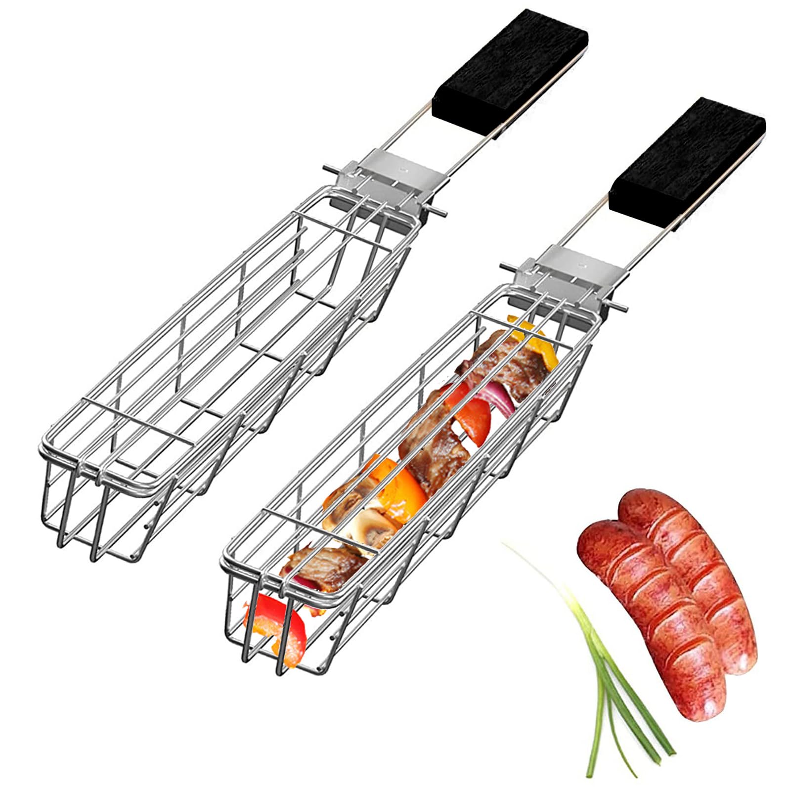 Joyeee BBQ Grill Basket, Foldable Stainless Steel Barbecue Basket With Detachable Wooden Handle, Portable Camping Cooking Rack for Outdoor Roast Fish Shrimp Vegetable Steak Hot Dog Sausage Meat