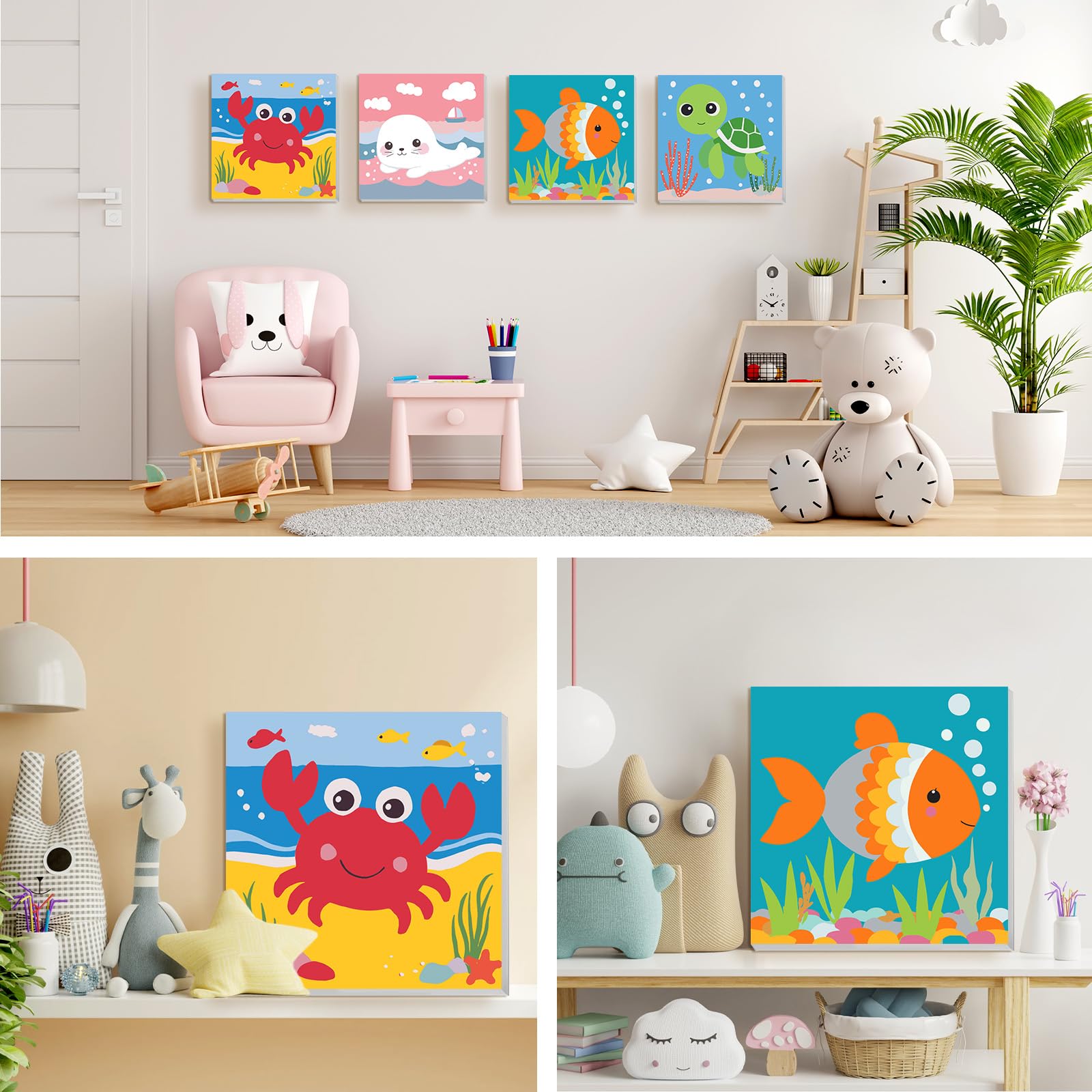 MXJSUA Lot de 4 kits de peinture par numéros avec toile encadrée pour enfants, motif animaux marins mignons pour enfants de 6 à 12 ans, kits de peinture acrylique à l'huile par