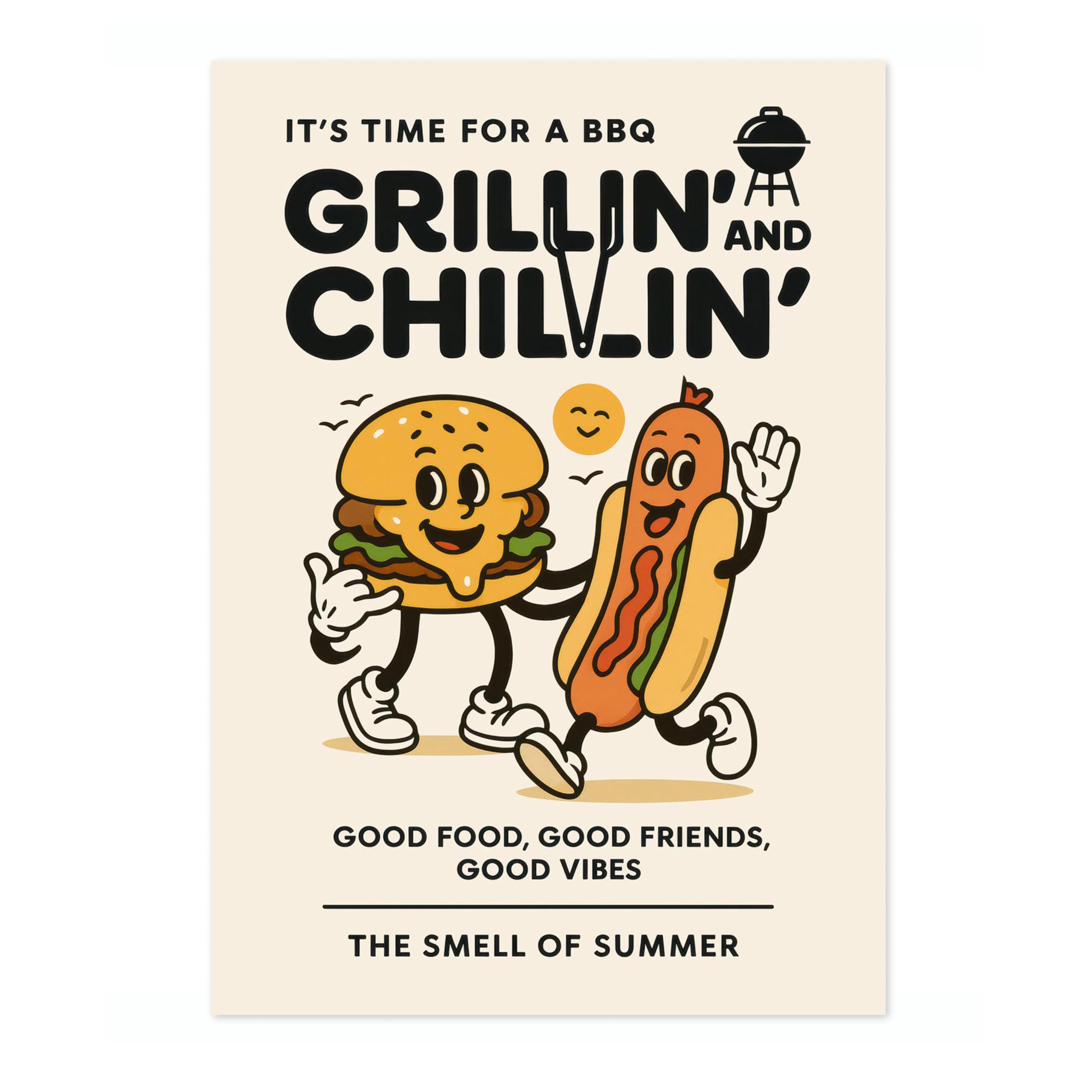 Grillin' & Chillin' Kitchen Wall Art, Modern Food Poster, Cartoon Mascot Prints, Kitchen Typographic Home Decor, A5 (Print Only) - 21x14.8cm