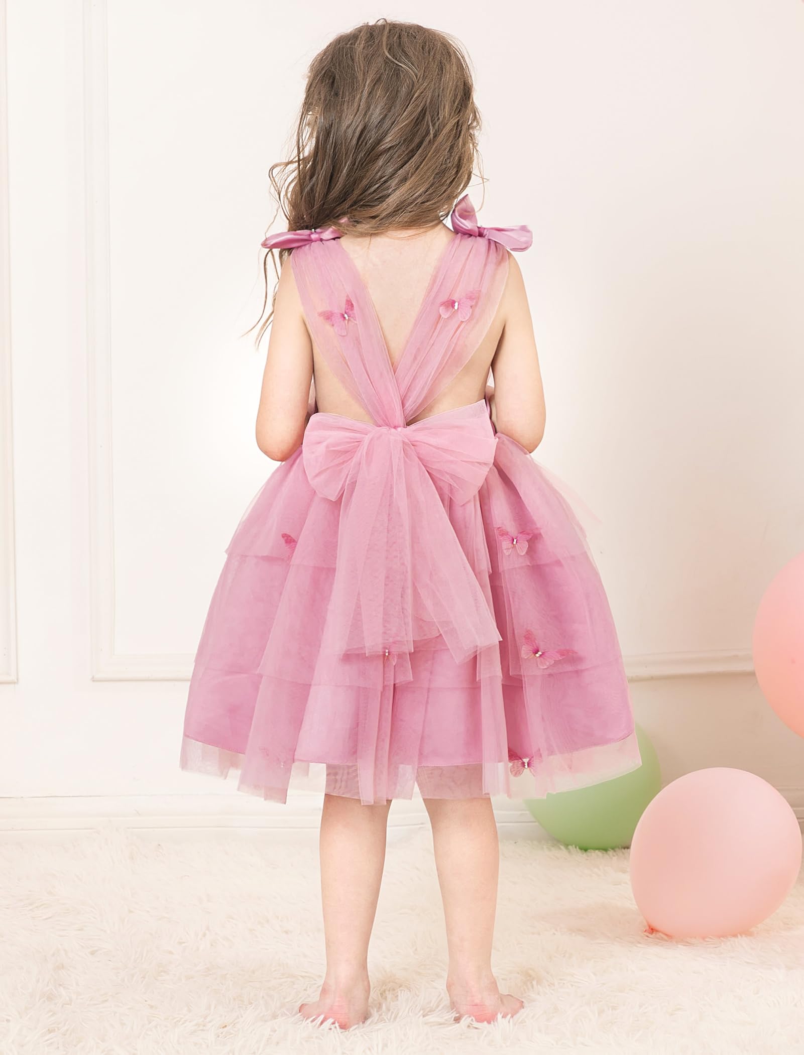 IDOPIP Bébé Fille 3D Papillon Tulle Robe Arc épaule V Cou sans Manches Princesse Demoiselle d'honneur de Soirée