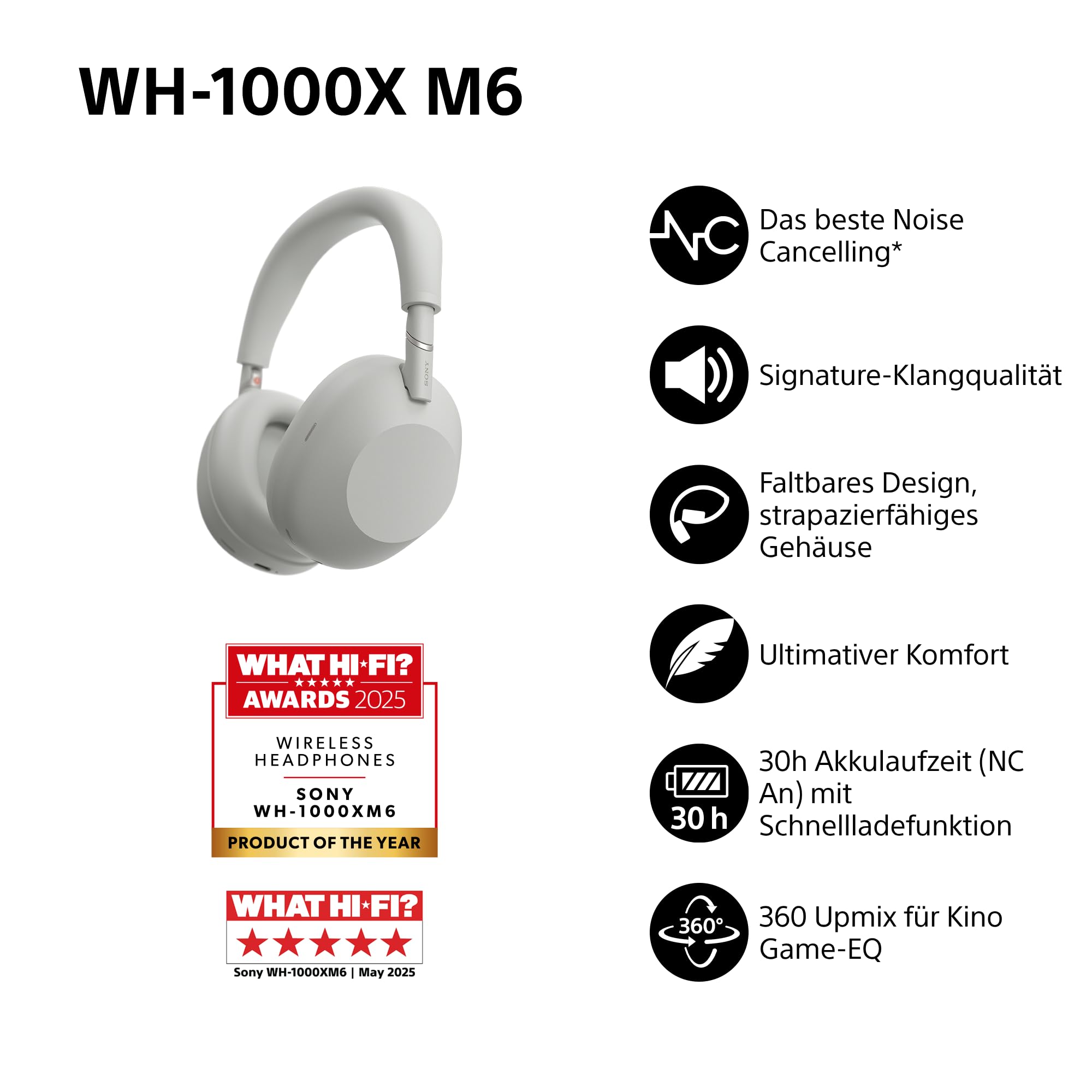Sony WH-1000XM6 kabellose Noise Cancelling-Kopfhörer, Signature Hi-Res Sound, Bluetooth-Kopfhörer, Komfort, faltbares Design, magnetische Tragetasche, 30 Std.-Akku NC An, iOS & Android - Silber - 3