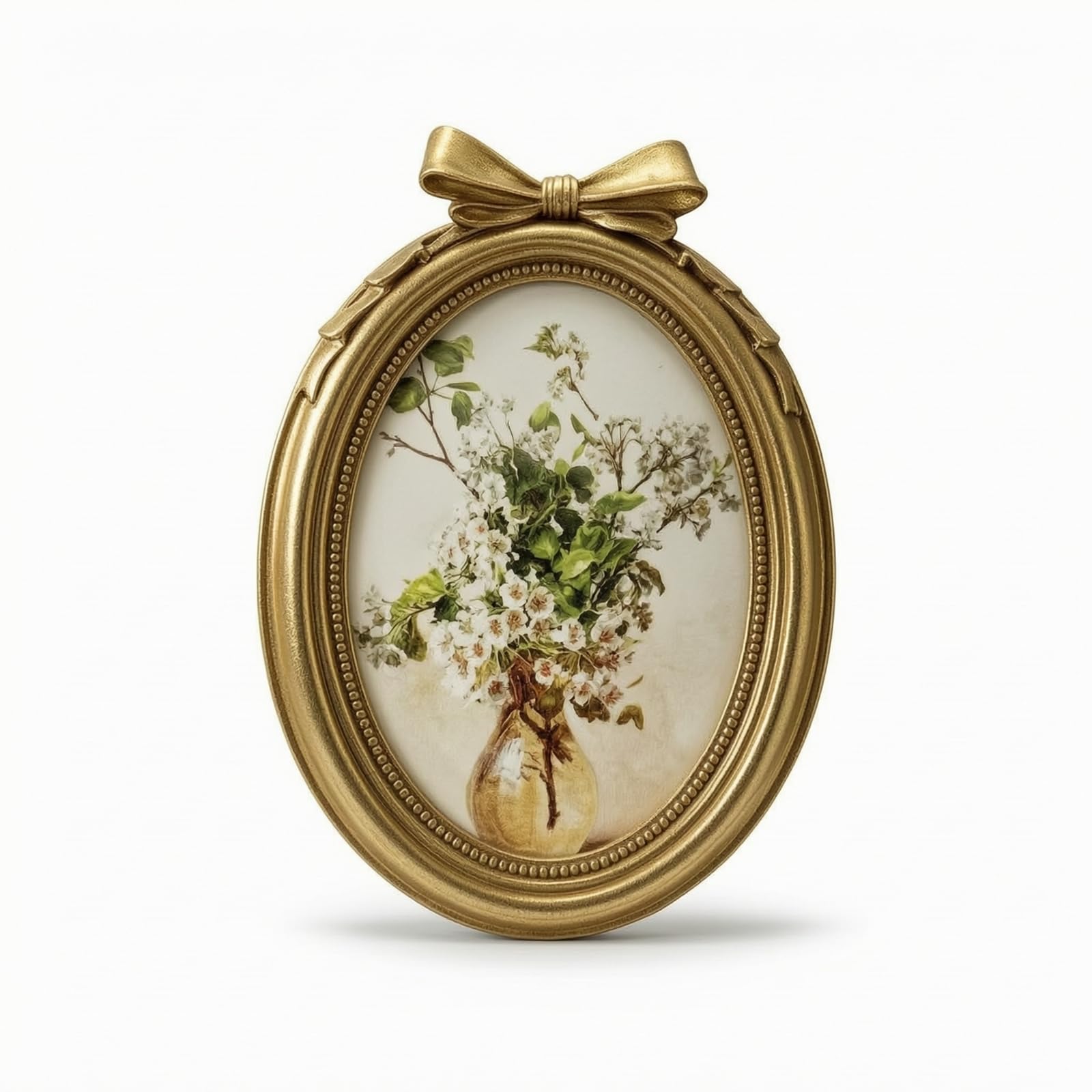 Marco de fotos ovalado dorado con lazo y tallado floral decorativo para mesa