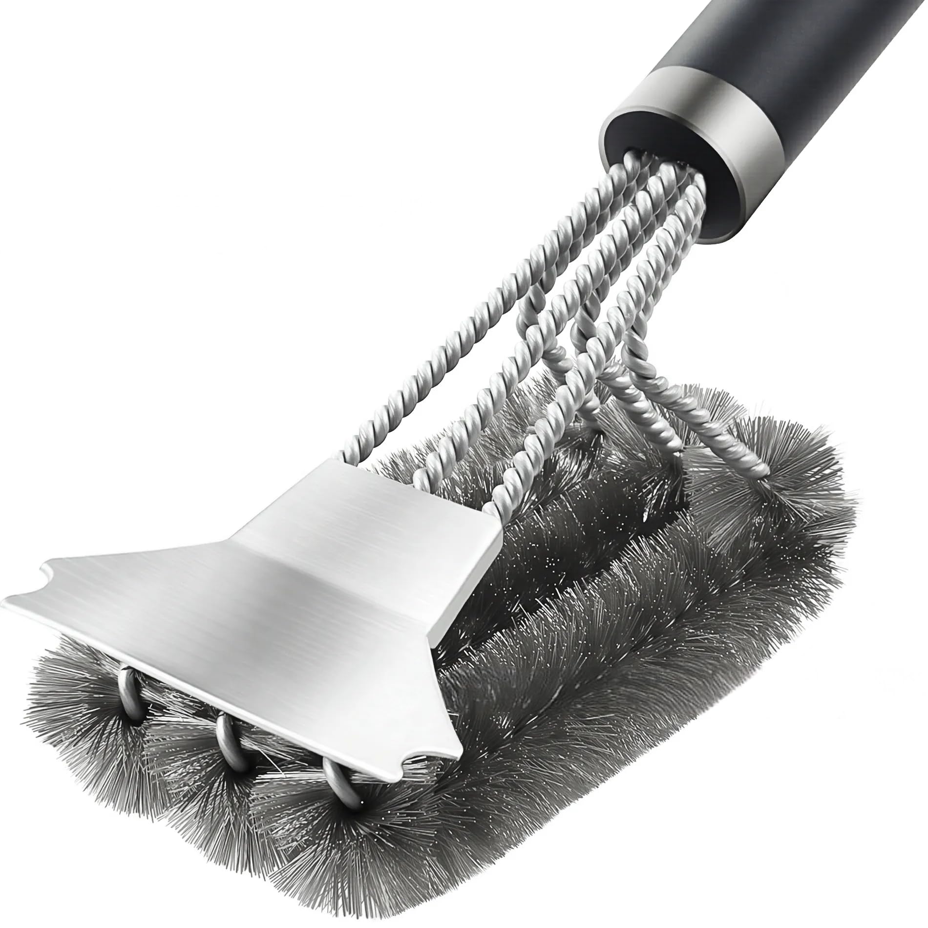 【Premium】 Cepillo para barbacoa de acero inoxidable 3 en 1 con raspador, aislamiento térmico de polipropileno, cepillo de limpieza largo de 45,5 cm, cepillo de limpieza para barbacoa de acero