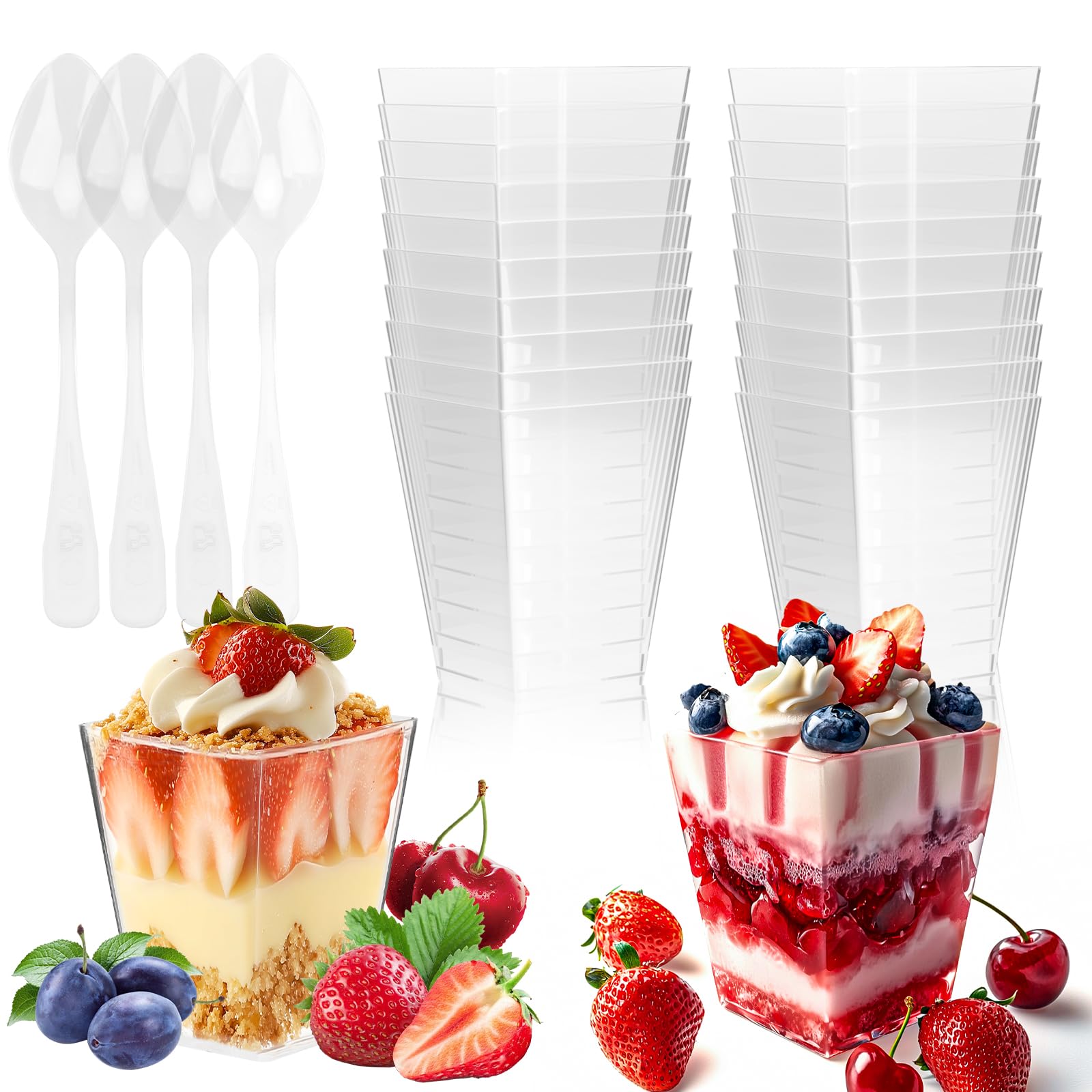 Ouxayapl Dessertgläser Plastik 5 OZ /160ML,50 Stück Dessertbecher Plastik mit 50 Stück Löffeln,Wiederverwendbare Dessertbecher Transparenten und -löffel für Mousse Kuchen,Eis,Joghurt,Pudding