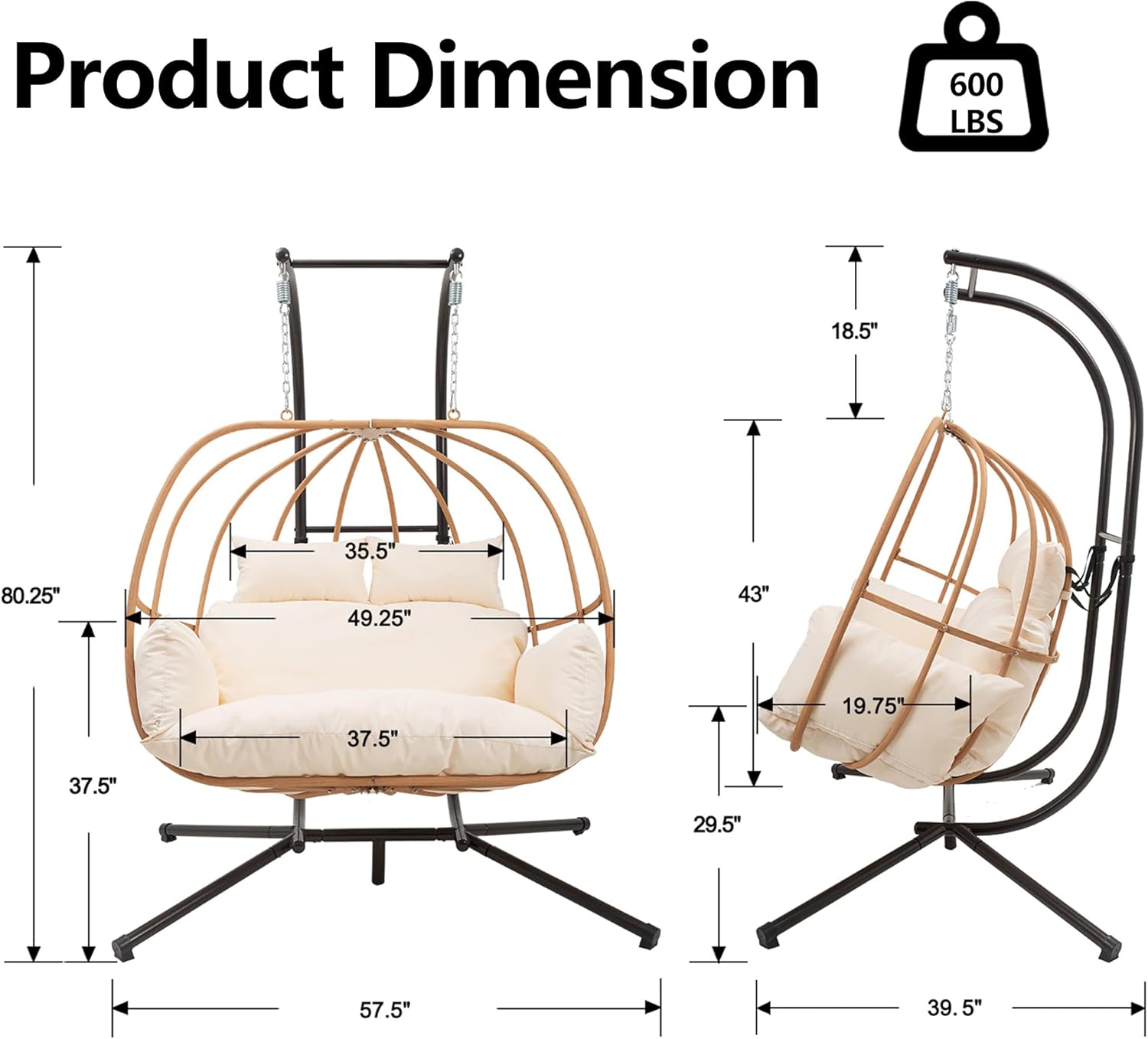 Hanging Chairs with Stand, All Weather Double Egg Chair Outdoor, Metal Hanging Egg Chairs Outdoor, 2 Person Oversized Swing Egg Chair, Modern Balcony Basket Loveseat for Indoor/Deck, Beige