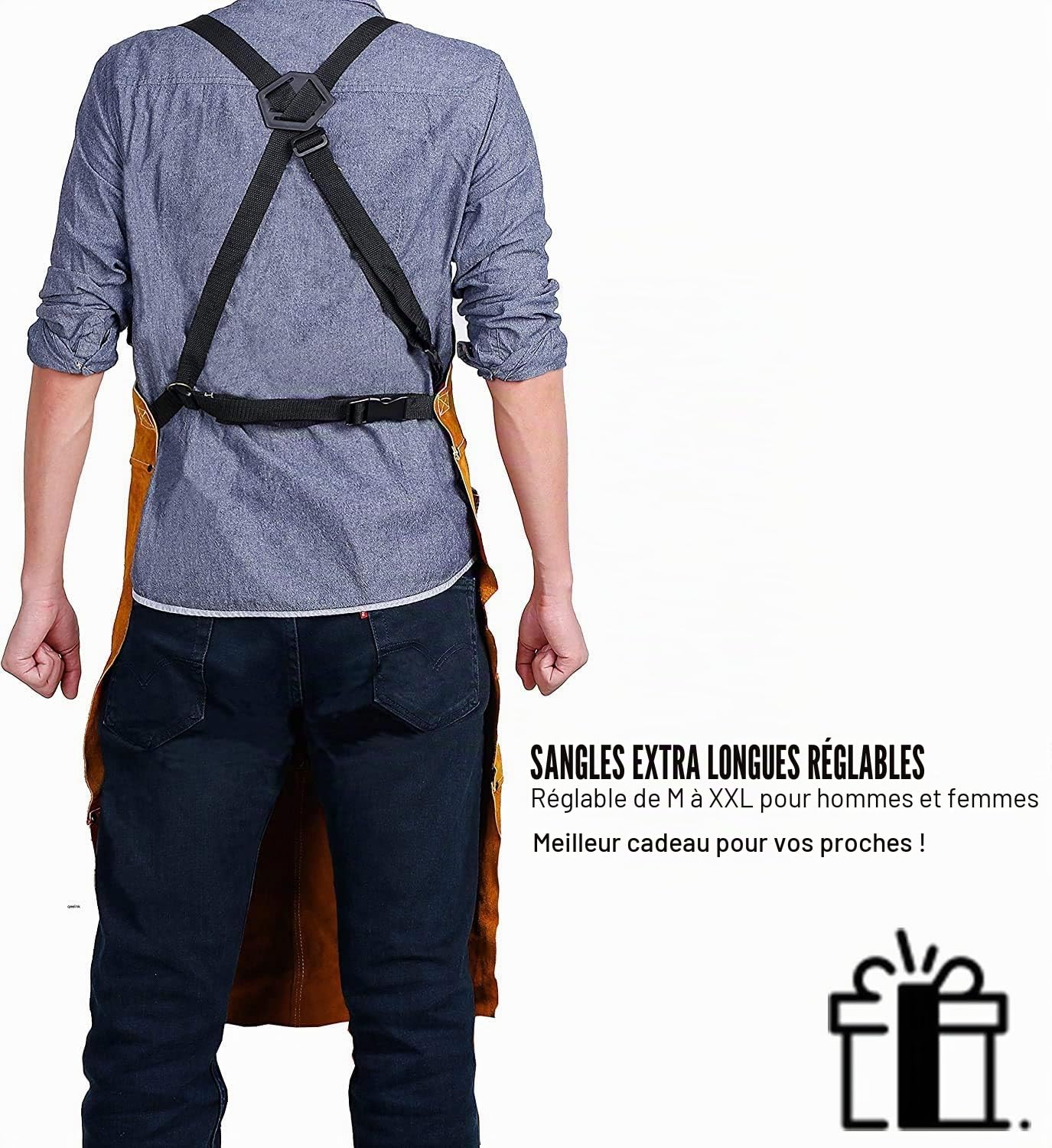 QeeLink Tablier de travail en cuir avec 6 poches à outils, tablier de soudure robuste pour homme et femme, résistant à la chaleur, 61 cm x 91 cm, réglable de taille M à XXL
