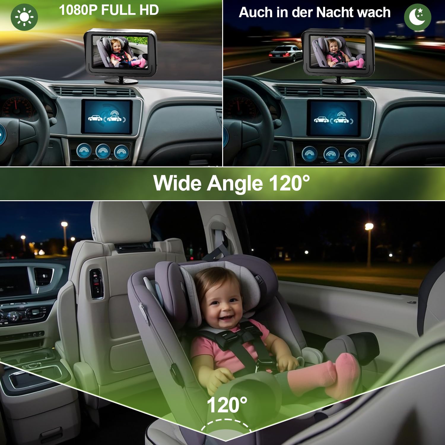Baby Kamera Auto mit 4.3" Display, Spiegel auto baby rückbank 1080P,Babyautospiege mit HD Nachtsicht und 120°-Betrachtungswinkel,Auto-Babyphone einfache Installation Cigarette Lighter,Schwarz
