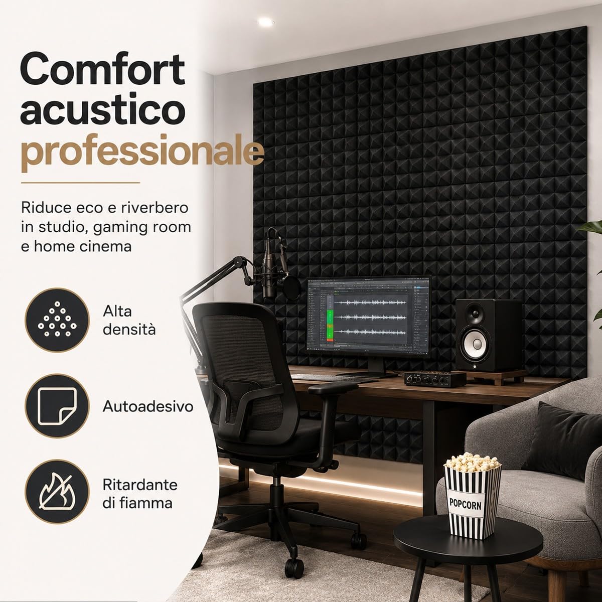 Pannelli Fonoassorbenti Piramidali 50×50×8 cm – Set da 10 Pannelli Autoadesivi per Riduzione Rumore, Comfort Acustico Casa, Gaming Room, Home Studio, Sala Podcast – Nero Rivestito
