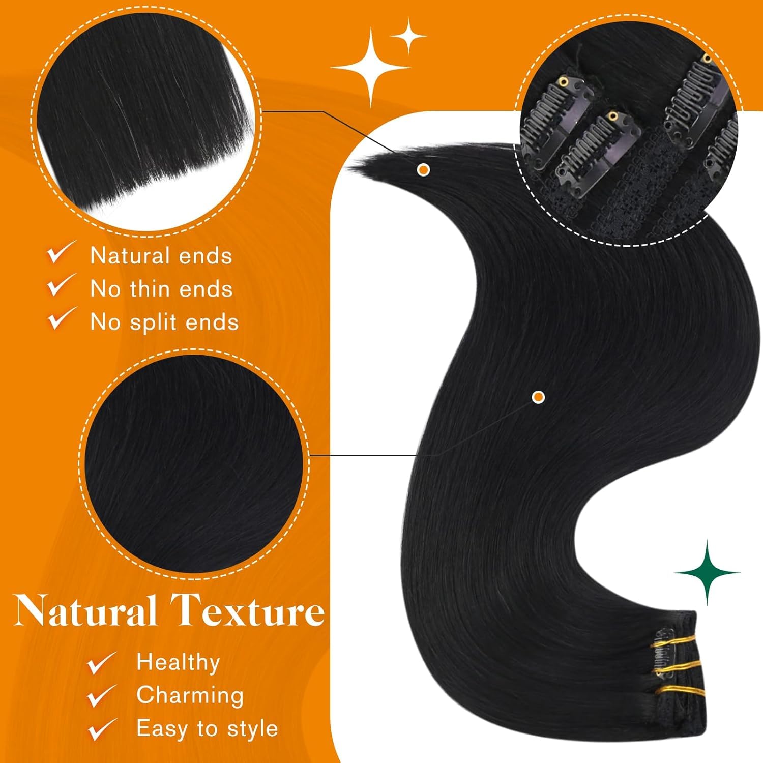 Easyouth Black Clip in Human Hair Extensions Jet Black Double Weft Clip-in Extensions Silky Straight Real Hair Extensions Clip ins for Party 20 Inch 120g 7Pcs #1 - Image 4