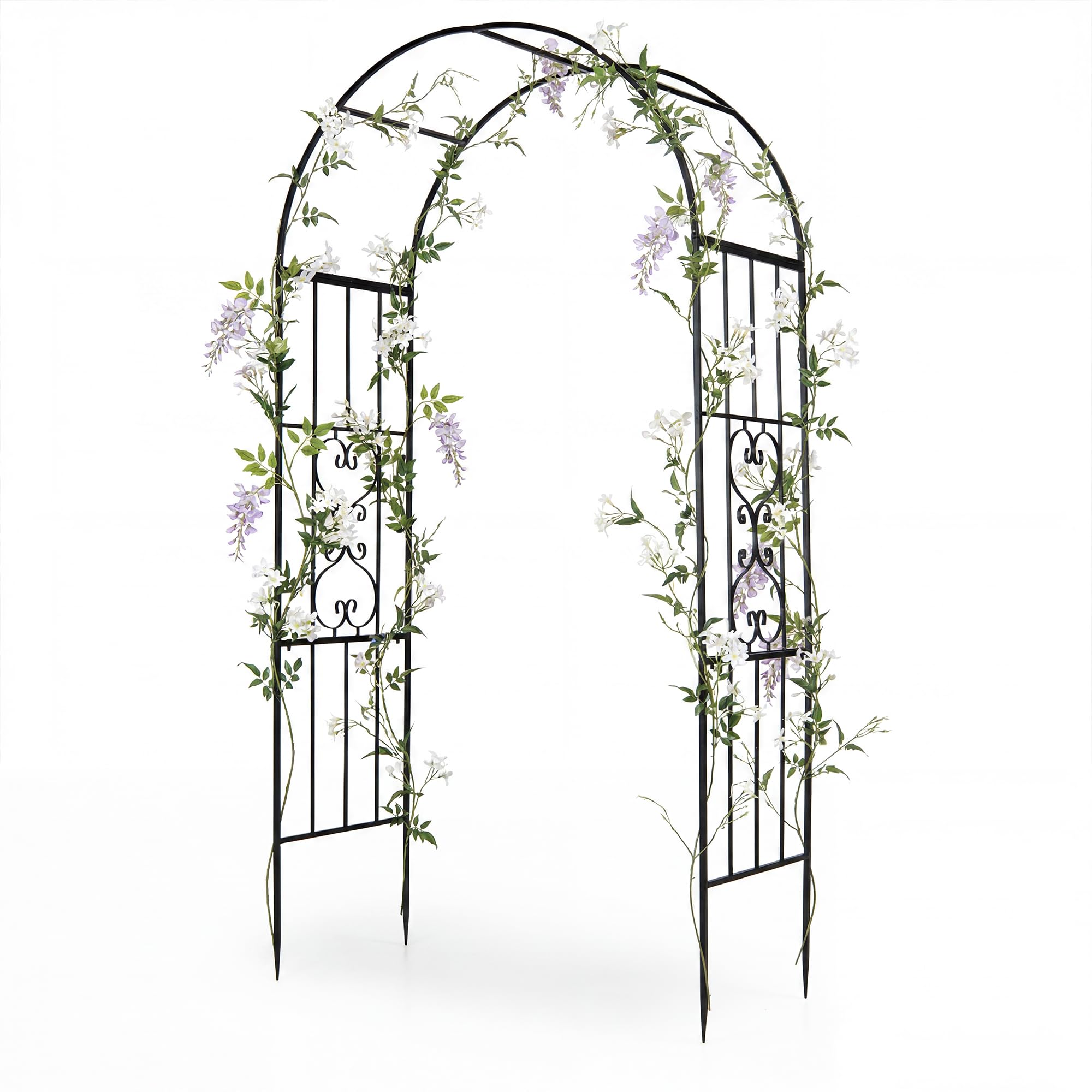 GYMAX Arche de Jardin en Métal, Treillis à Rosiers Extérieure | 117 x 57 x 231 cm, Sommet Arrond, Motifs Décoratifs, Support pour Plantes Grimpantes, Déco pour Pelouse Allée Mariage Fête