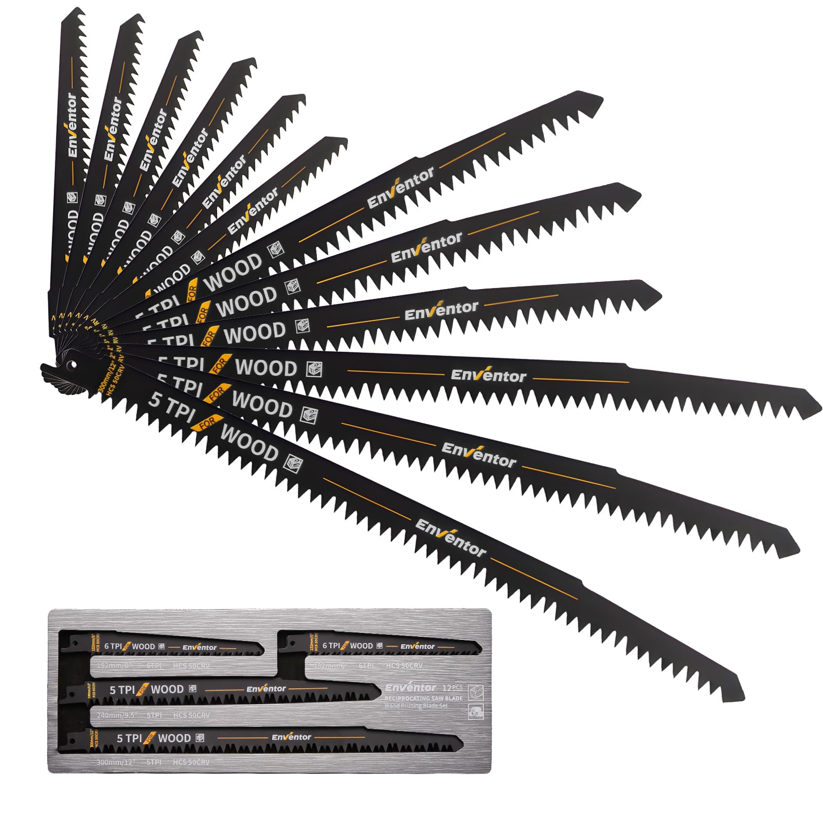 Enventor Set de 12 Piezas para Sierra Sable, 12 Hojas de Corte en Madera 152/240/300 mm 5TPI 6TPI HCS, Juego de Poda, Ramas, Madera Húmeda, Plástico y PVC con Caja