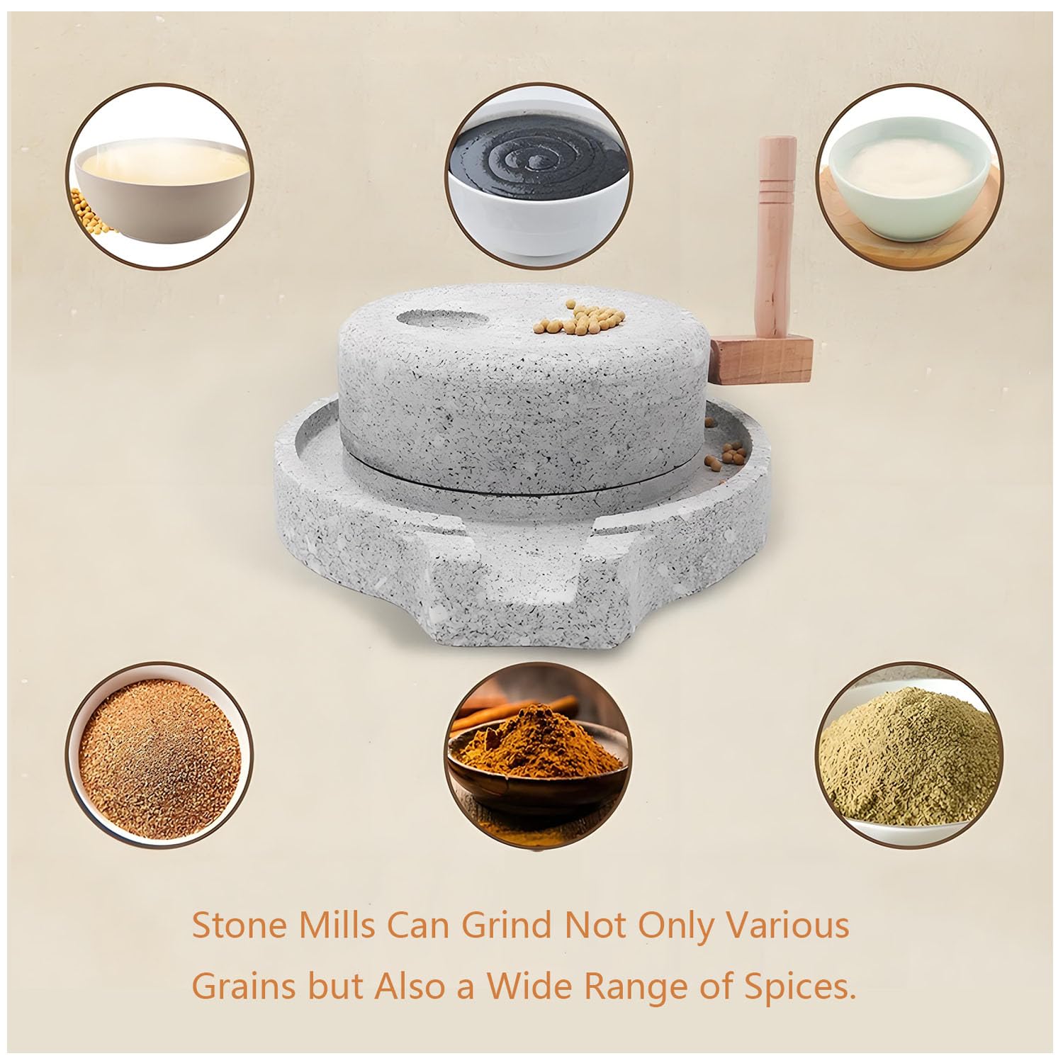 Yinian Domestico Mulino in Pietra,A Secco/A Umido Macinino,Mulino per Cereali,Spice Grinder Manual,Mulino Macinatore per Grano, Fagioli E Orzo (9.8inx13.7in) con Cornice in Legno(Size:35cm)