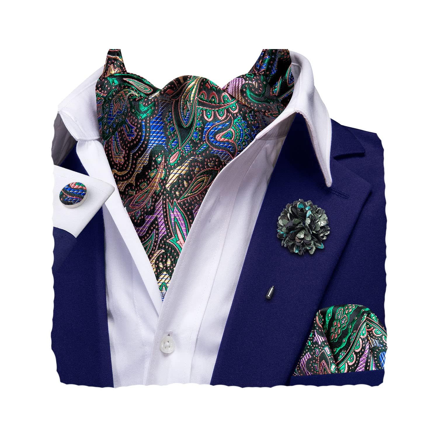 Hi-Tie Silk Ascot for Men Self Tie Men's Cravat and Flower Lapel Pin Handkerchief Cufflinks Set for Wedding Party