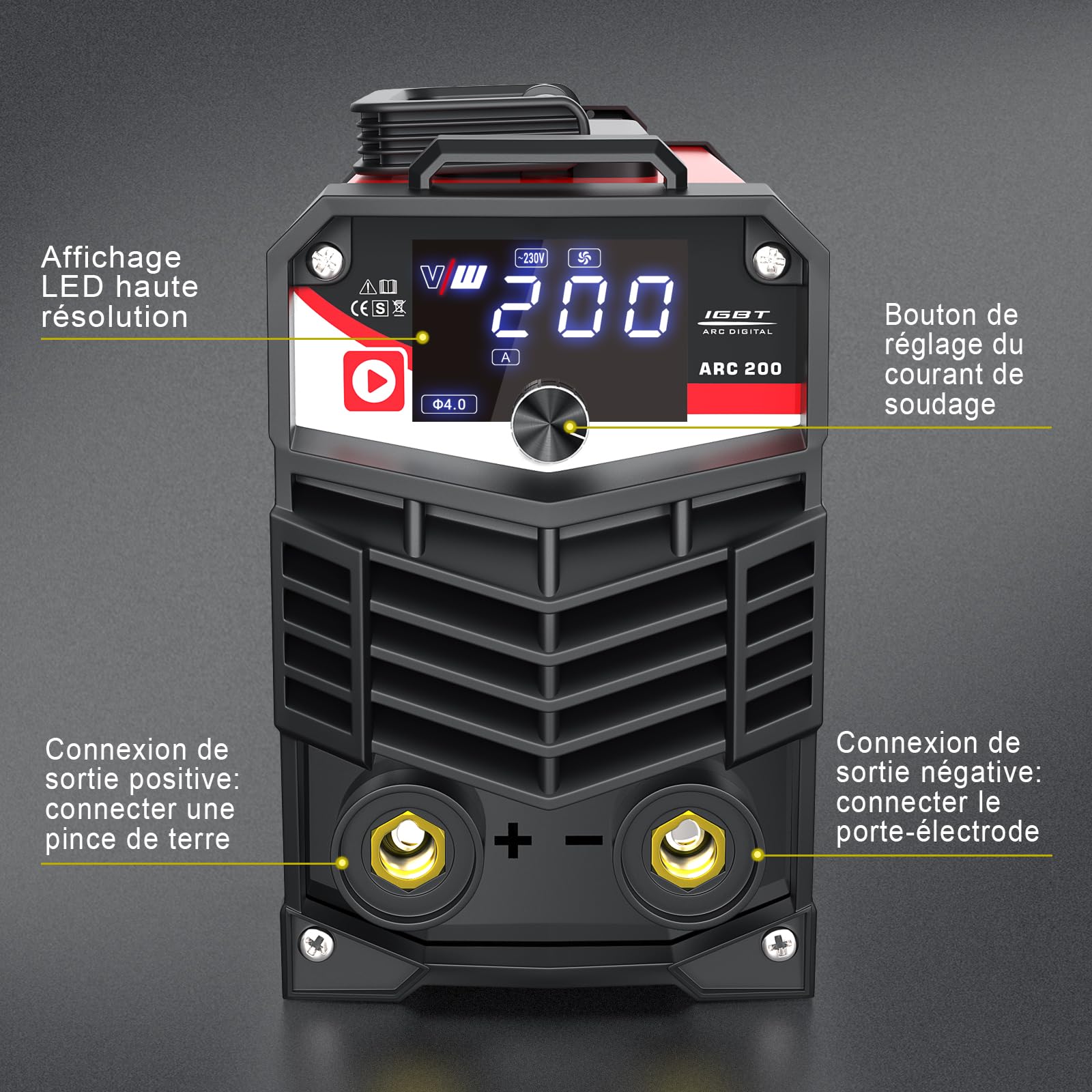 VECTOR WELDING Poste à Souder Inverter d'électrodes 200 A, Soudure d'électrodes MMA/STICK avec écran LED, MMA/STICK, IGBT, kit de soudure ARC 200
