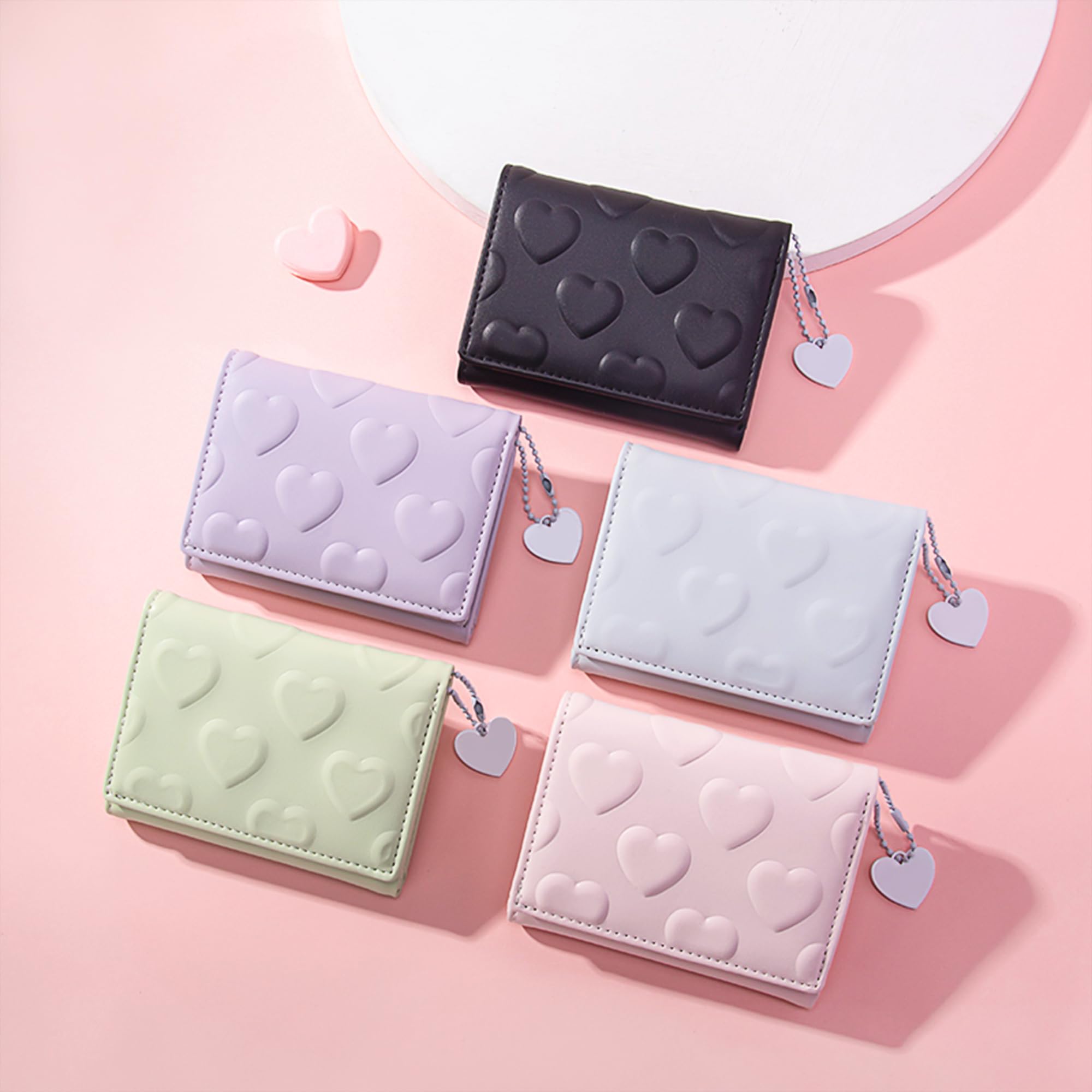 Billetera para mujer, pequeña y triple, delgada, de piel, con bolsillo para dinero en efectivo con cadena de corazón, monedero, monedero, tarjetero de identificación, ventana, para niñas y 8