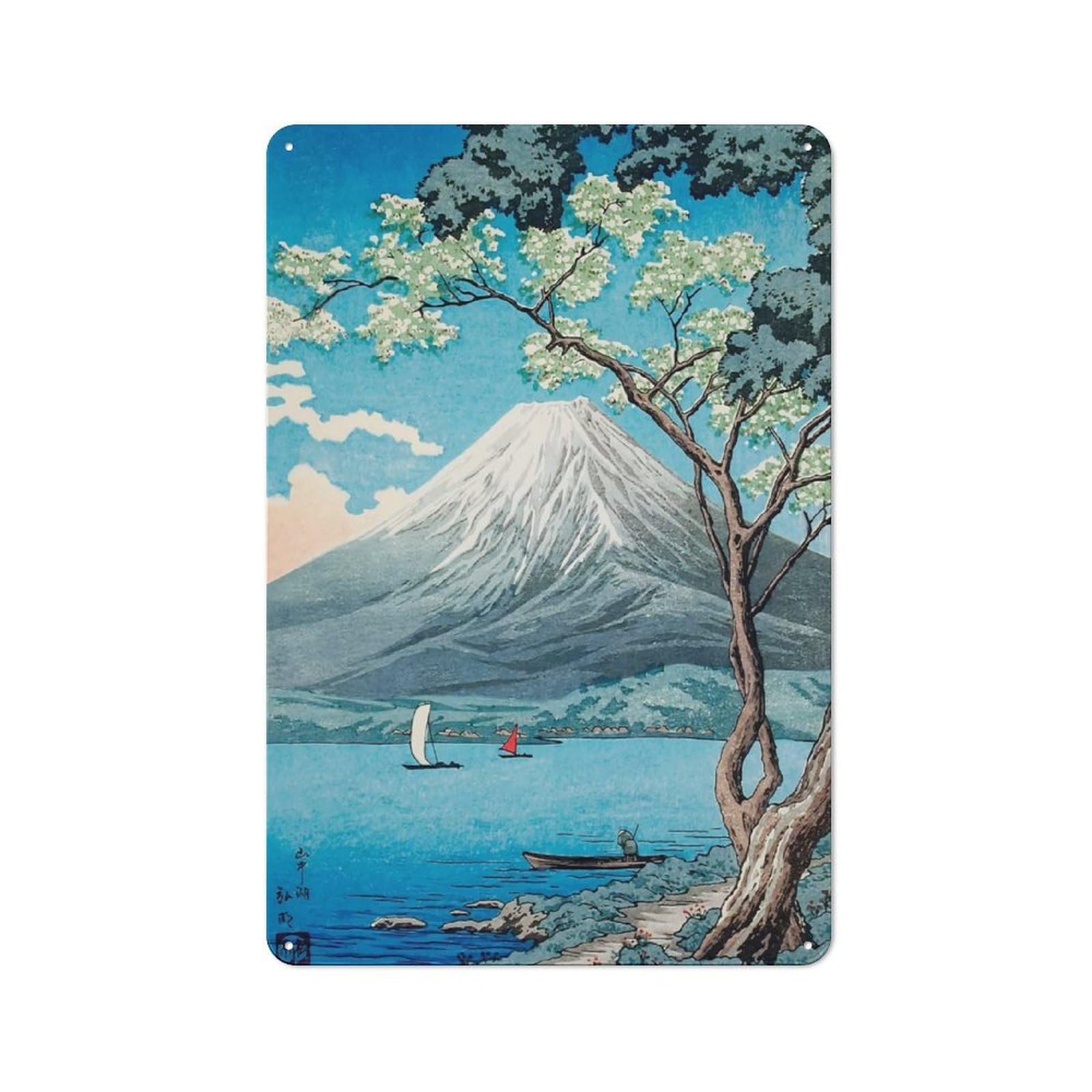 Junmoney Style-11 Ukiyo E Fuji Lake Yamanaka Tin Wall Plaque 30X20cm, Barn Style Rustic Kitchen Decor For Farmhouse Kitchen, Pantry Or Dining Area