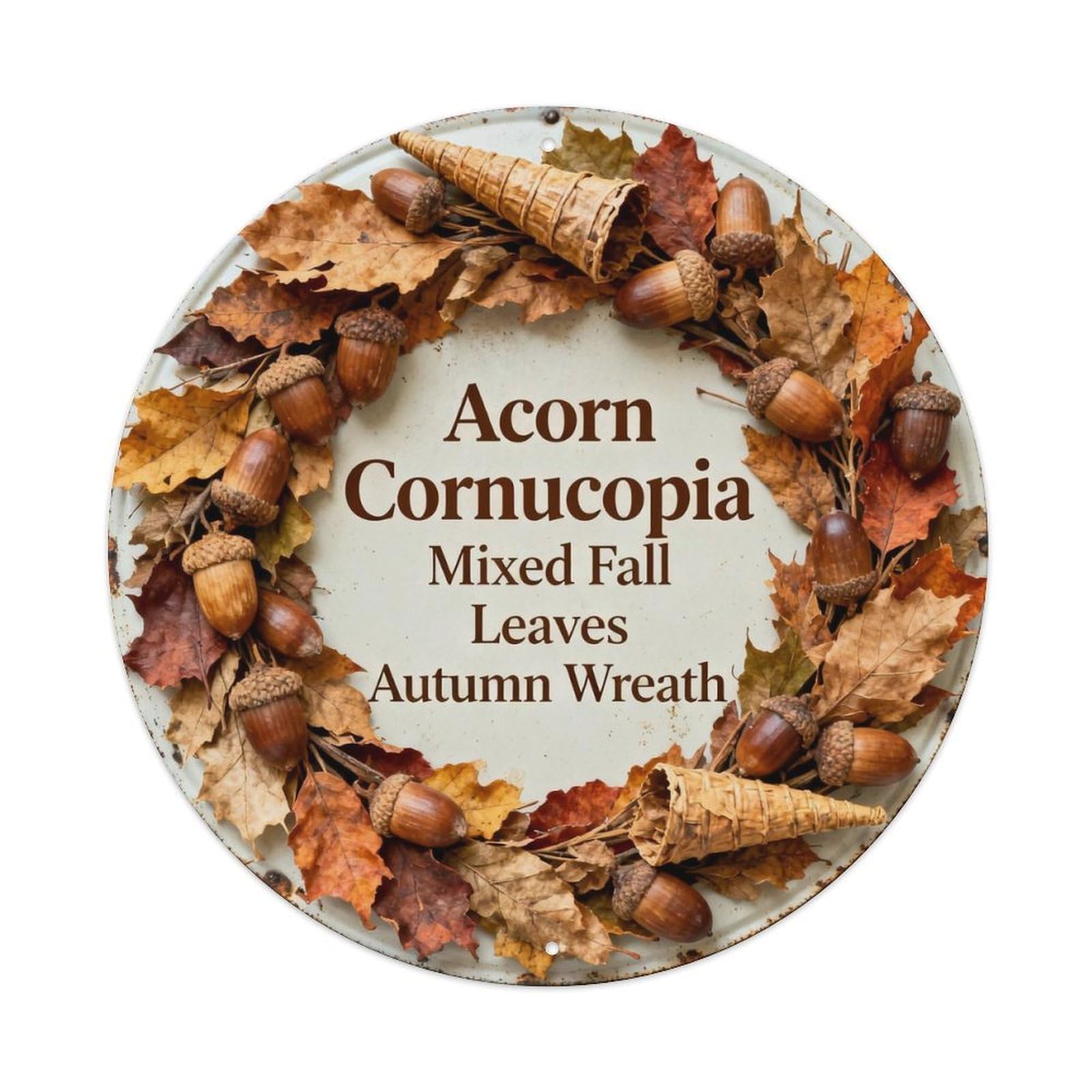 Acorn Cornucopia Mixed Fall Leaves Autumn Wreath Metal Tin Sign Plaque