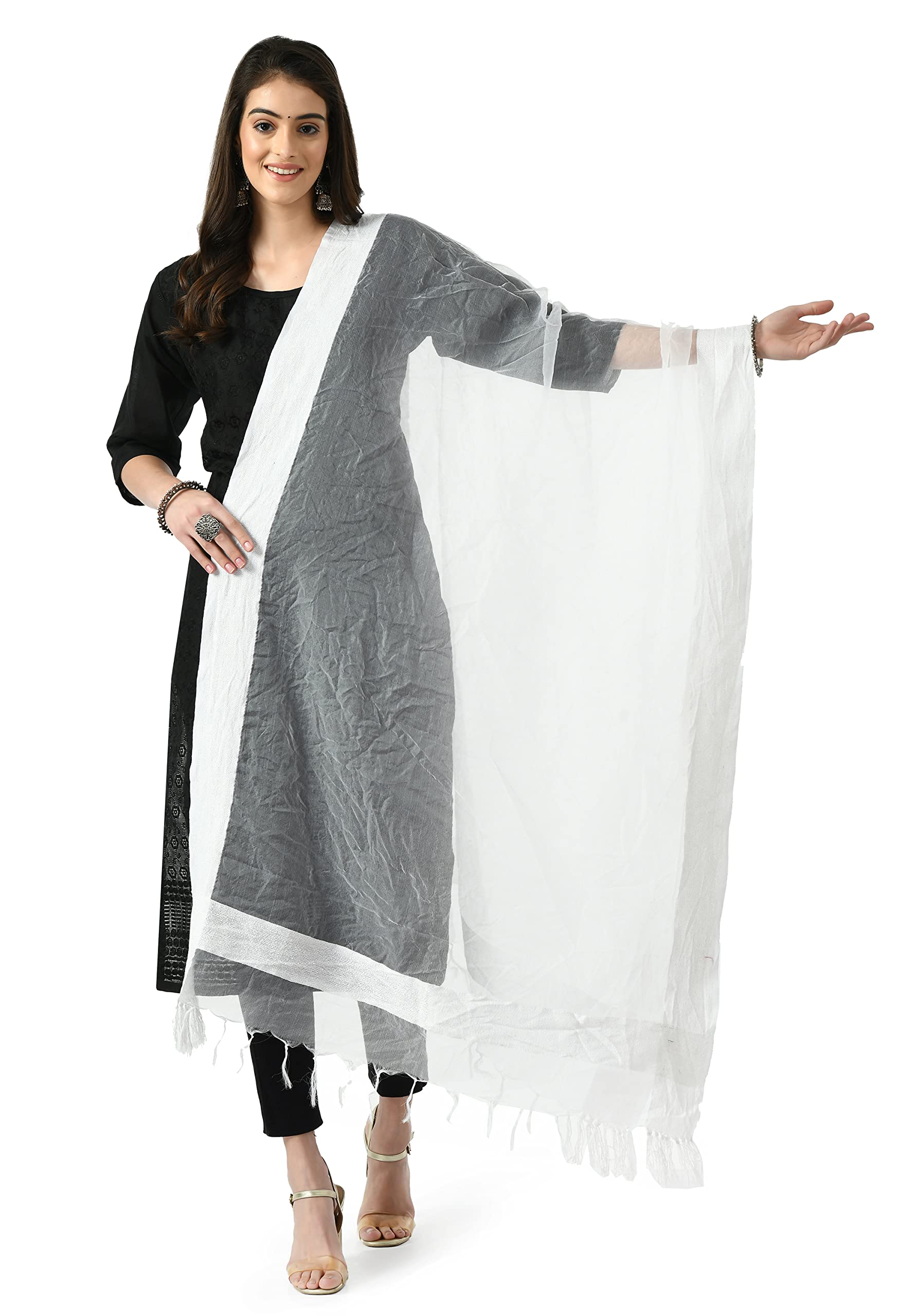A R SilkWomen's Off White Organza Cotton Solid Regular Dupatta