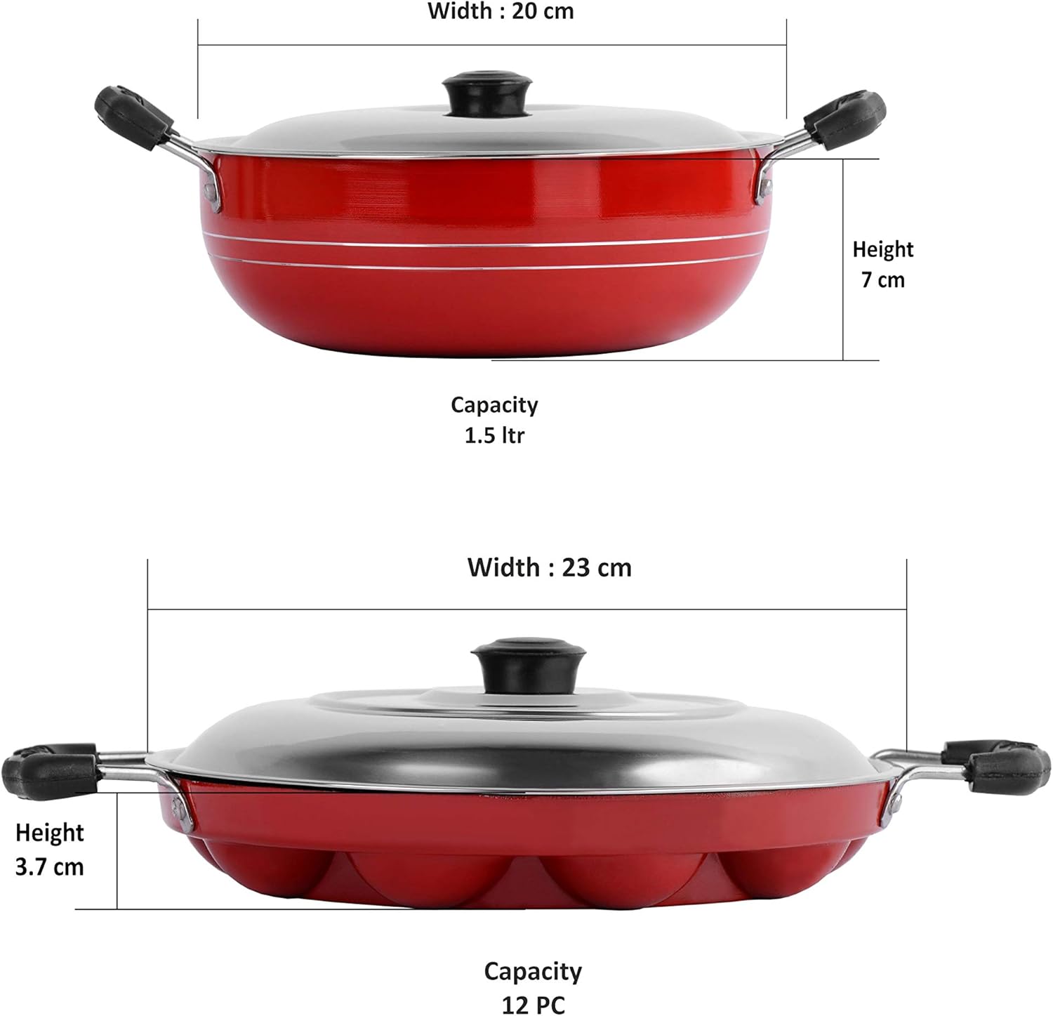 SUMEET 2.6mm Thick Non-Stick Aluminium Red Get Ready Cookware Set (Kadhai with Lid 1.5Ltr Capacity- 20cm Dia and Grill Appam Patra with Lid 23cm Dia)