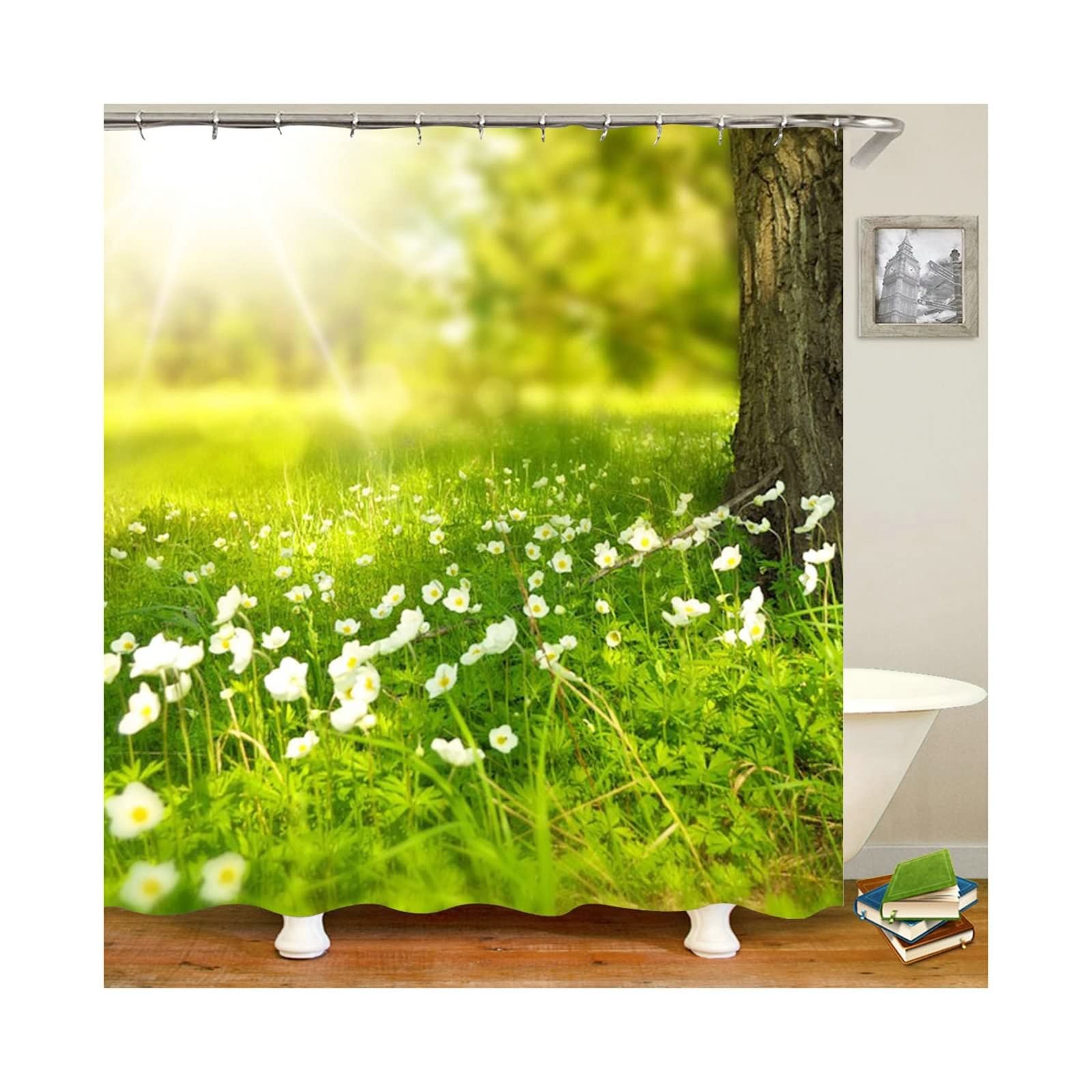 Rideau douche imperméable KnSam Fleurs et Soleil avec anneaux inclus