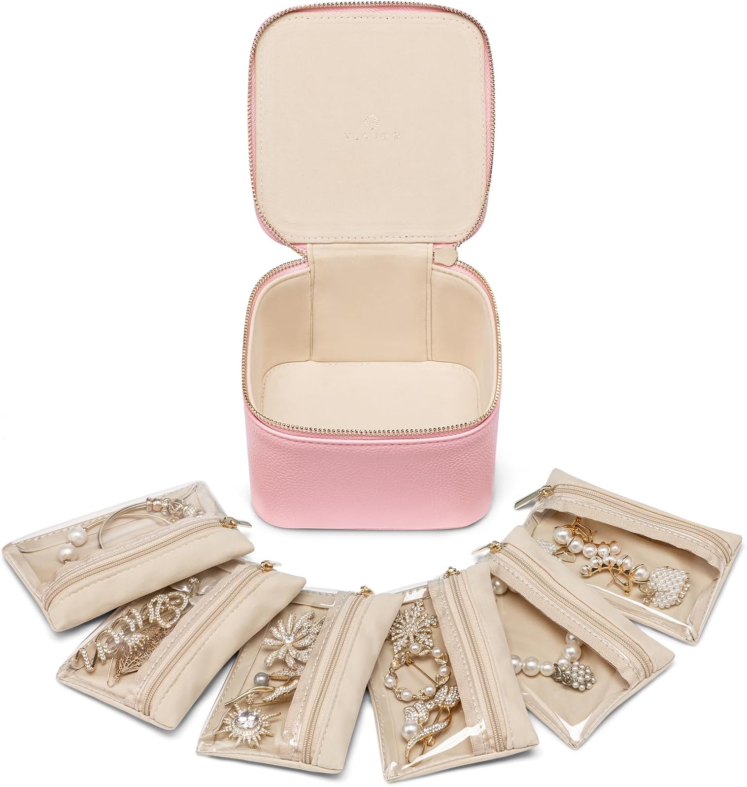 Vlando Small Jewelry Box Organizer, Travel Jewelry Storage with 6 Velvet Zipper Pockets, Premium Petal Hardware Case