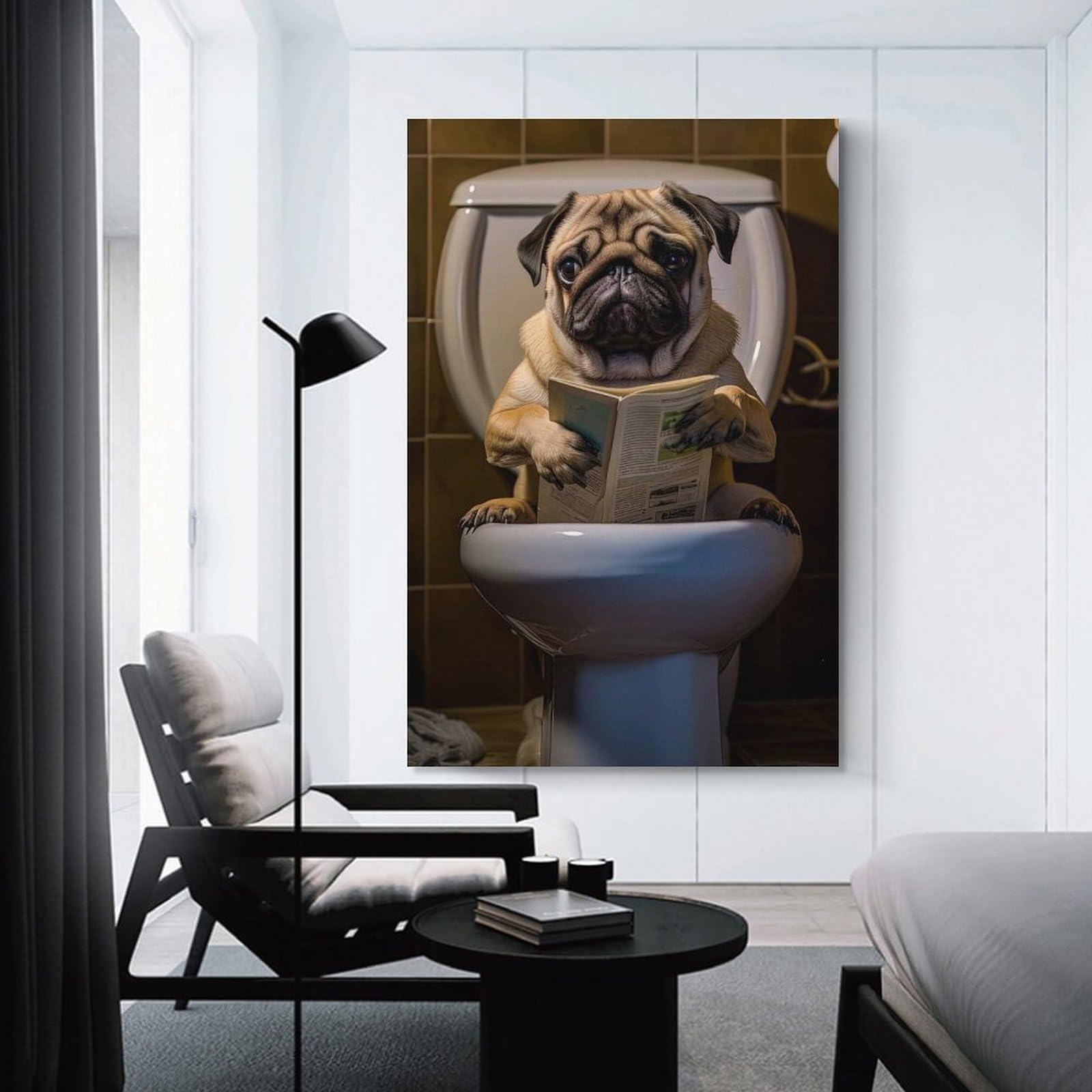Junmoney Unframe-Style-11 Pug Dog On The Toilet Canvas Art Print 08X12inch(20X30cm), For Feature Walls In Flats Or Modern Rooms, Ideal For Building A Coordinated Art Wall