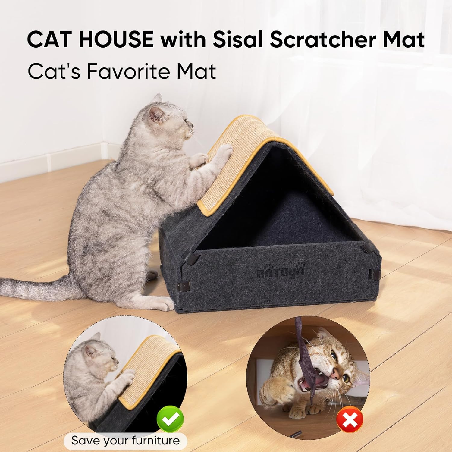 review NATUYA Cat Scratcher House with Cardboard Sisal Scratching Pad, Indoor Sturdy Cozy Cats Hideaway Box Bed Hut for Pet Kitten Cats Play Nap Scratch, Detachable & Easy Assembly