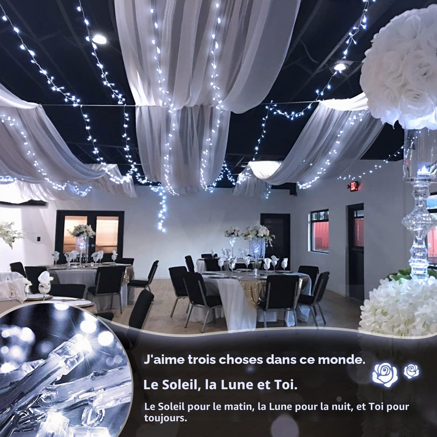 JMEXSUSS Lot de 2 guirlandes lumineuses de Noël blanches à piles, chacune de 10 m, 100 LED, lumières de mariage pour extérieur et intérieur, avec 8 modes à distance étanches