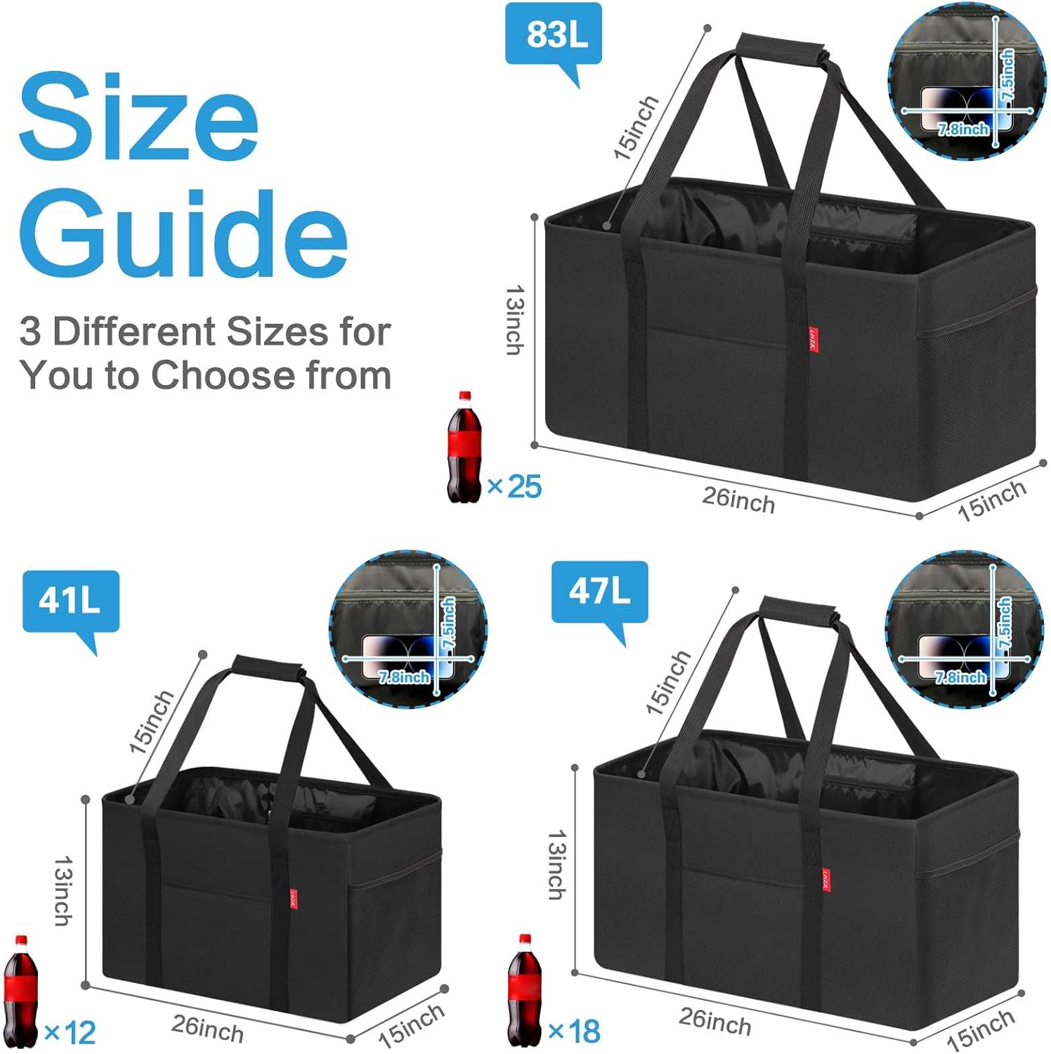 LHZK Standing Extra Large Utility Tote Bag with Metal Wire Frame and the Sides Rinforced, Extra Large Tote Bag with Handle, Reusable Grocery Bags Foldable, Beach Bag, Car Tote (Black)