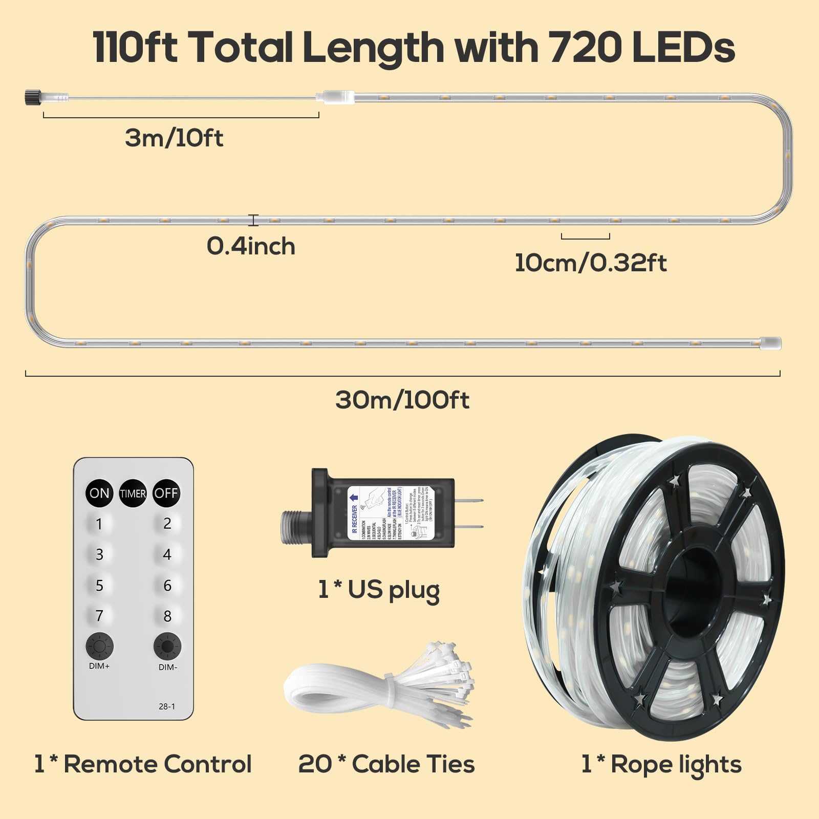 Guirlande lumineuse étanche à 720 LED de 30,5 m avec télécommande, 8 modes et 4 tubes lumineux pour Noël, chambre, terrasse, extérieur, jardin, décoration intérieure et extérieure