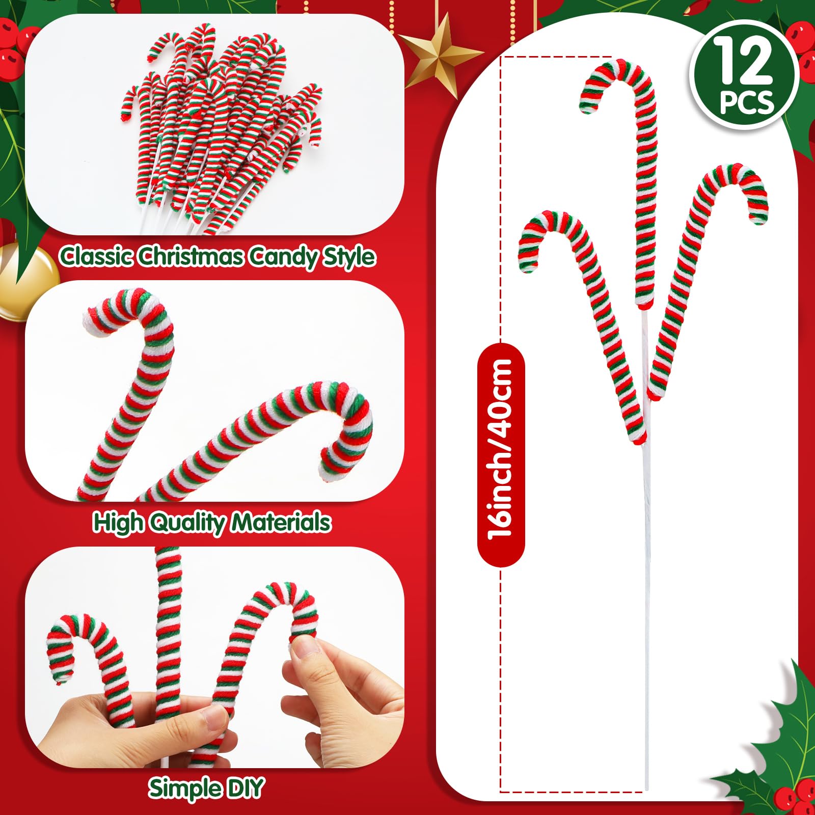 12 púas de Navidad de felpa, bastón de caramelo, adorno para árbol de Navidad, decoración de árbol de Navidad, festival, jarrón decorativo, manualidades para fiestas de vacaciones (rojo,