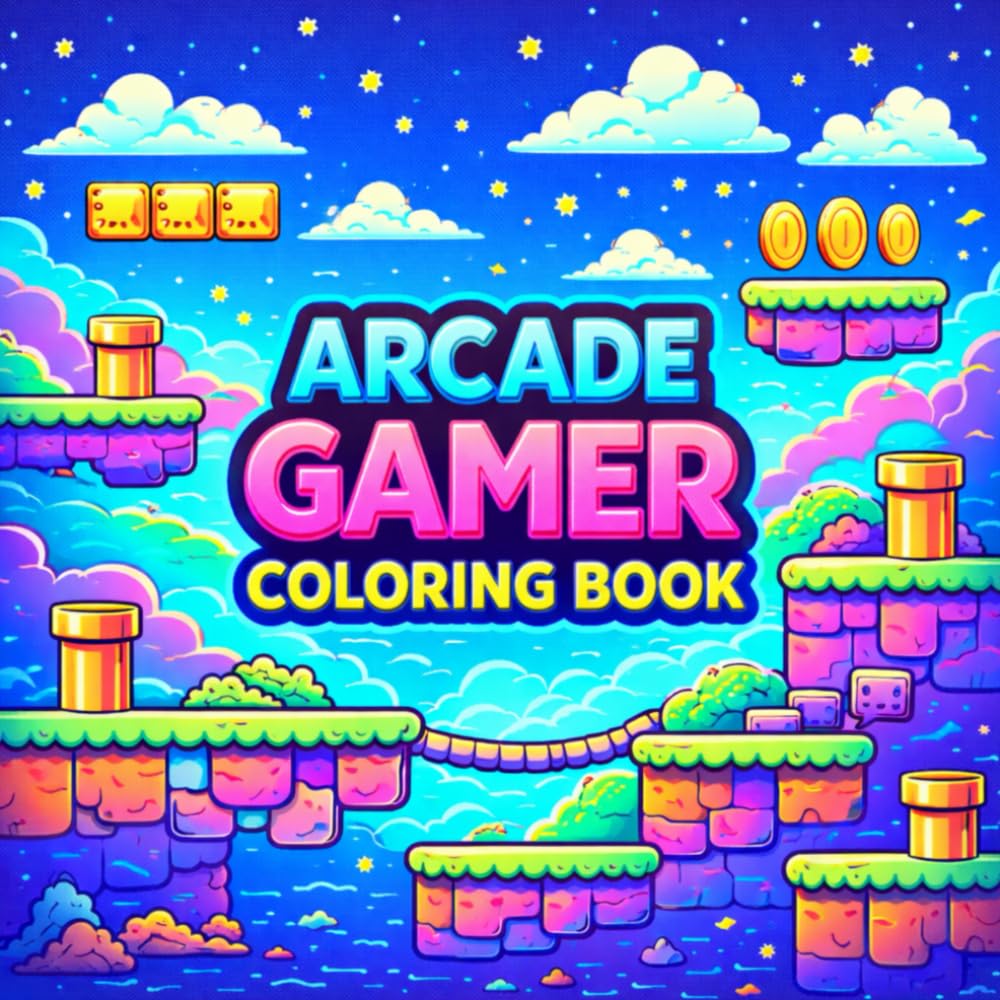 Arcade Gamer Coloring Book: 50 Fun And Easy Retro Game Levels to Color / Bold Cartoon Line Art for Kids And Adults