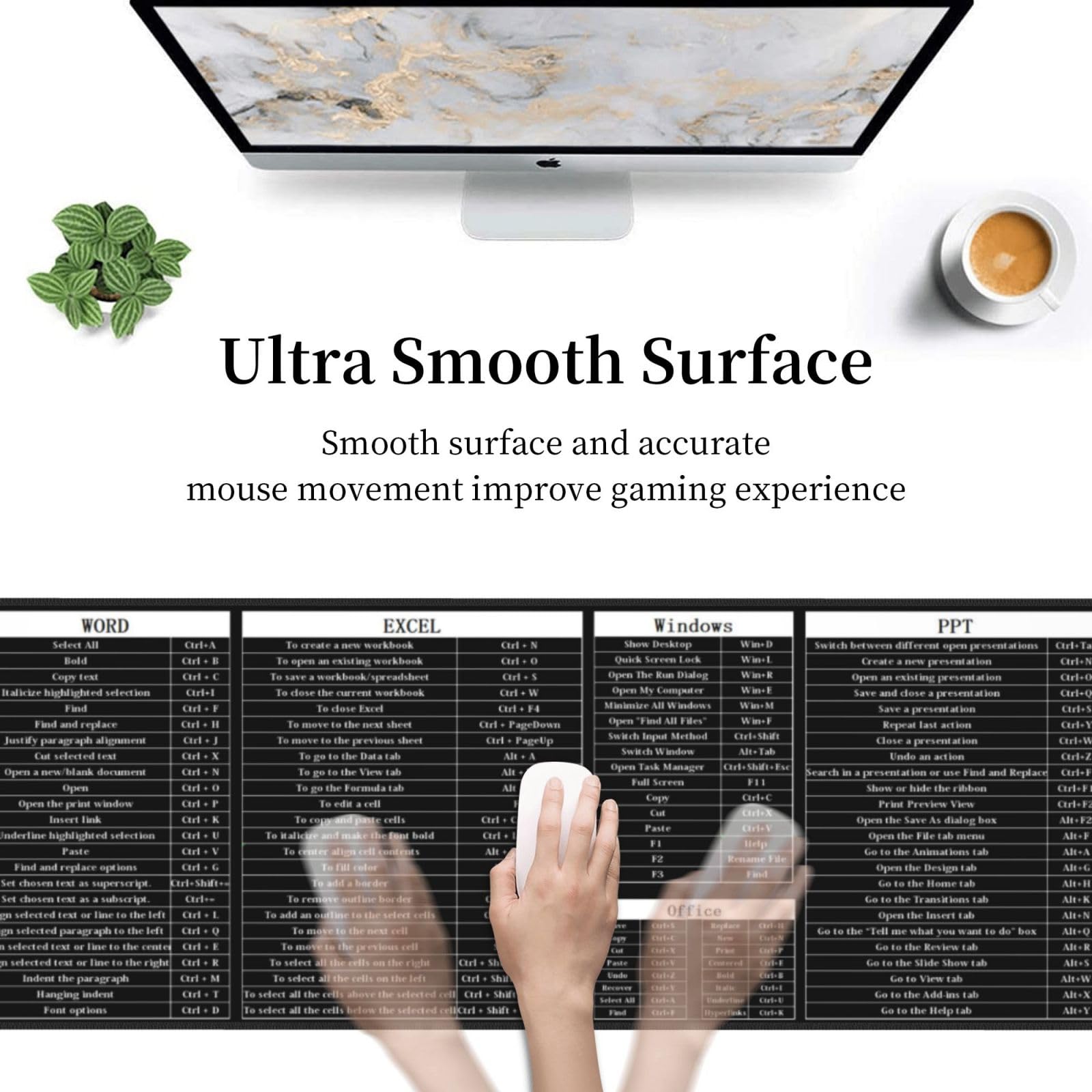 Alfombrilla de ratón para teclado y mouse para computadora, punto de poder, Excel, teclas de atajo, teclado para juegos, alfombrilla de escritorio, enorme, XL, borde cosido, suela de goma para oficina