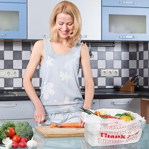 Miniatura 3 de Ireer Paquete de 500 bolsas de plástico con asas de agradecimiento de 18 x 8 x 30 pulgadas, color blanco, grandes bolsas para camisetas de compras,