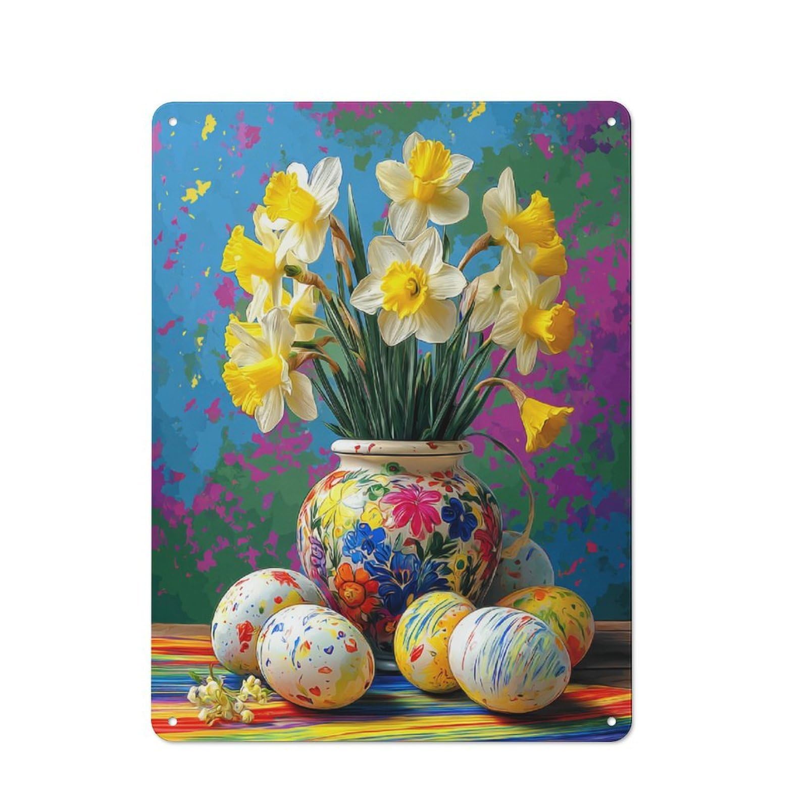 Junmoney Spring Daffodils And Painted Eggs Rustic Metal Plaque 40X30cm For Hobby Room Or Studio, For Creative Interior Collectors