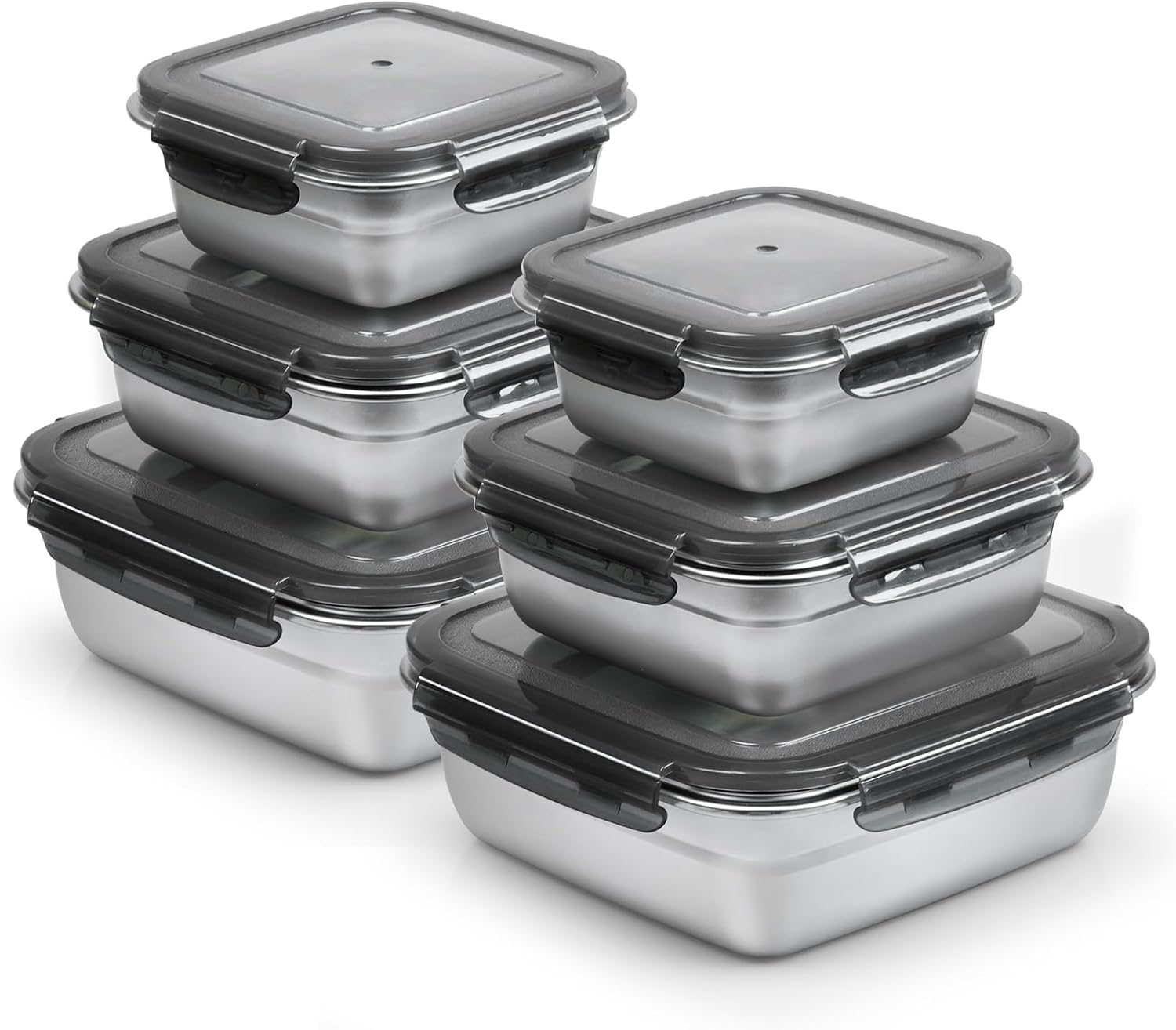 6 Pack Stainless Steel Food Storage Containers with Leak-Proof Lids, 2 Sets (12/24/40 oz) Reusable Metal Meal Prep Lunch Boxes, BPA-Free, Dishwasher Safe for Sandwich, Snacks & Fruit (Black)