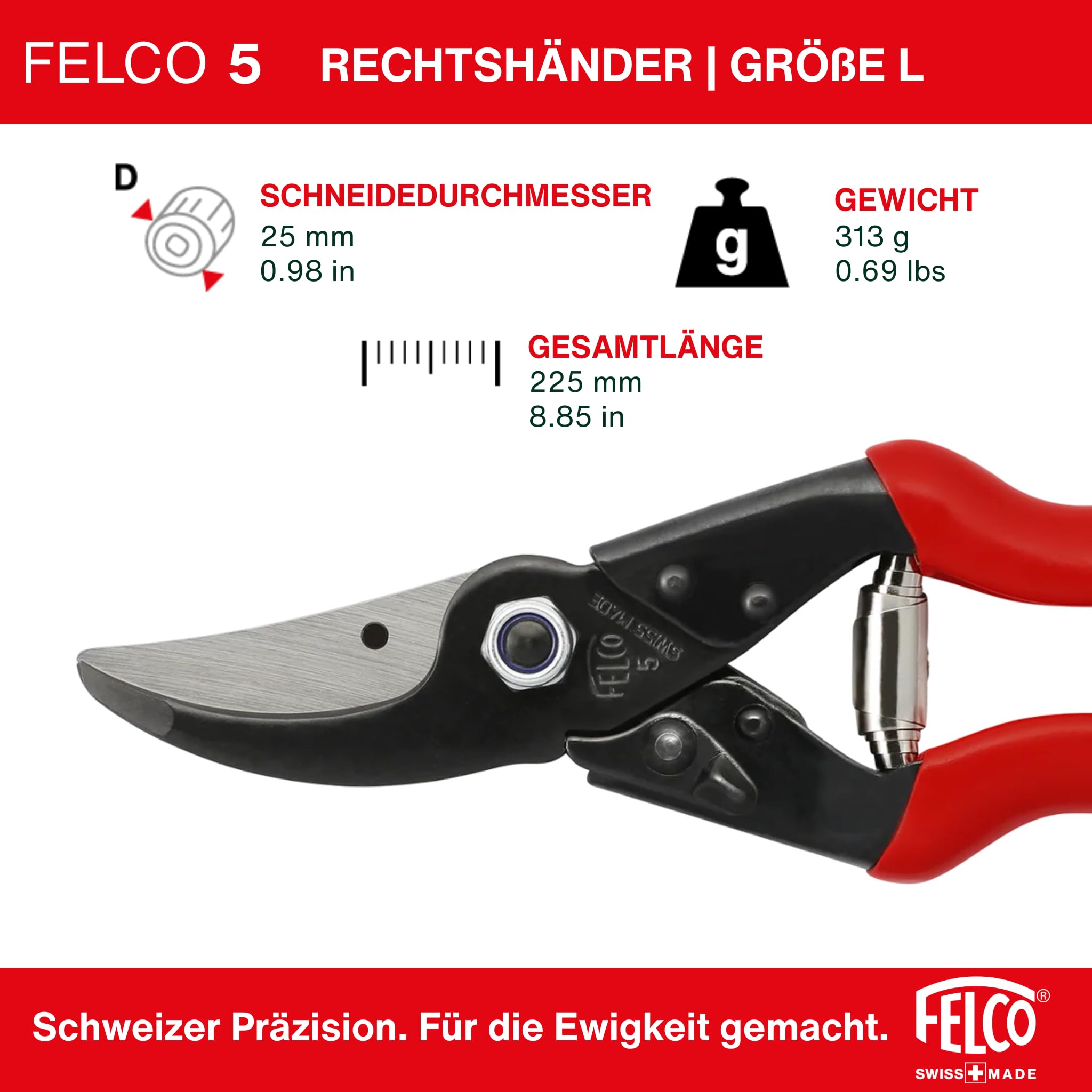 FELCO 5 robuste Gartenschere für große rechte Hände, 25 mm Schnittdurchmesser, 225 mm lang, schlanker Schneidkopf für schwer zugängliche Stellen, Stahlgriffe, sauber und kraftvoll schneiden