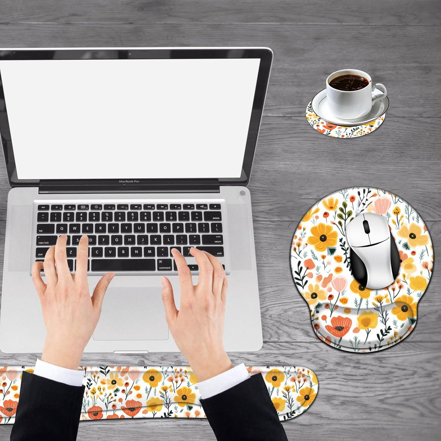 Keyboard Wrist Rest and Mouse Wrist Rest Pad with Coffee Coaster, Non Slip PU Base Wrist Support with Ergonomic Raised Memory Foam for Easy Typing & Pain Relief,Flowers and Plants