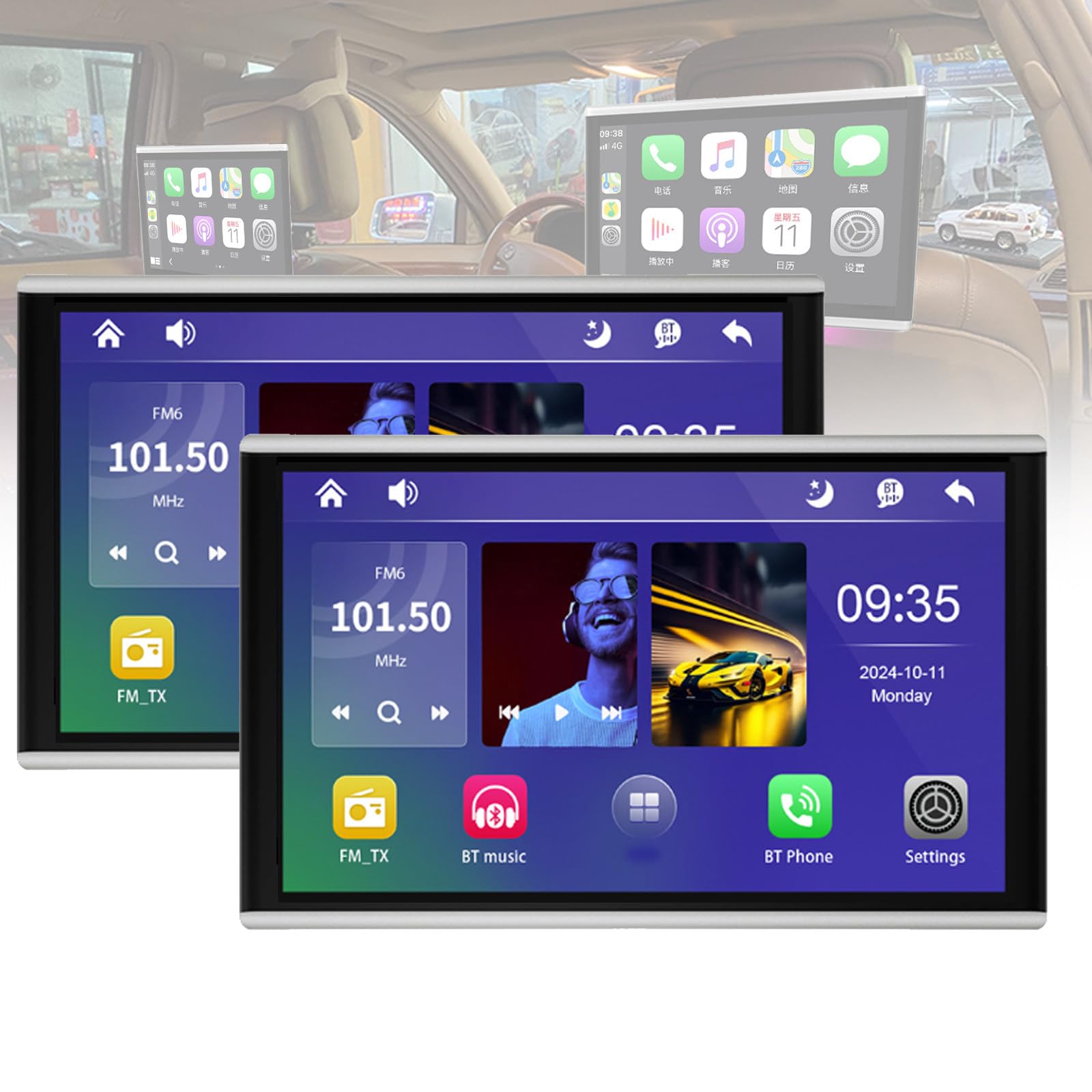 2 éCrans D'Appuie-TêTe De Voiture 10,1 Et 11,6 Pouces, éCran Tactile IPS, Lecteur pour SièGes ArrièRe, Carplay sans Fil Et Android Auto,10.1Inch