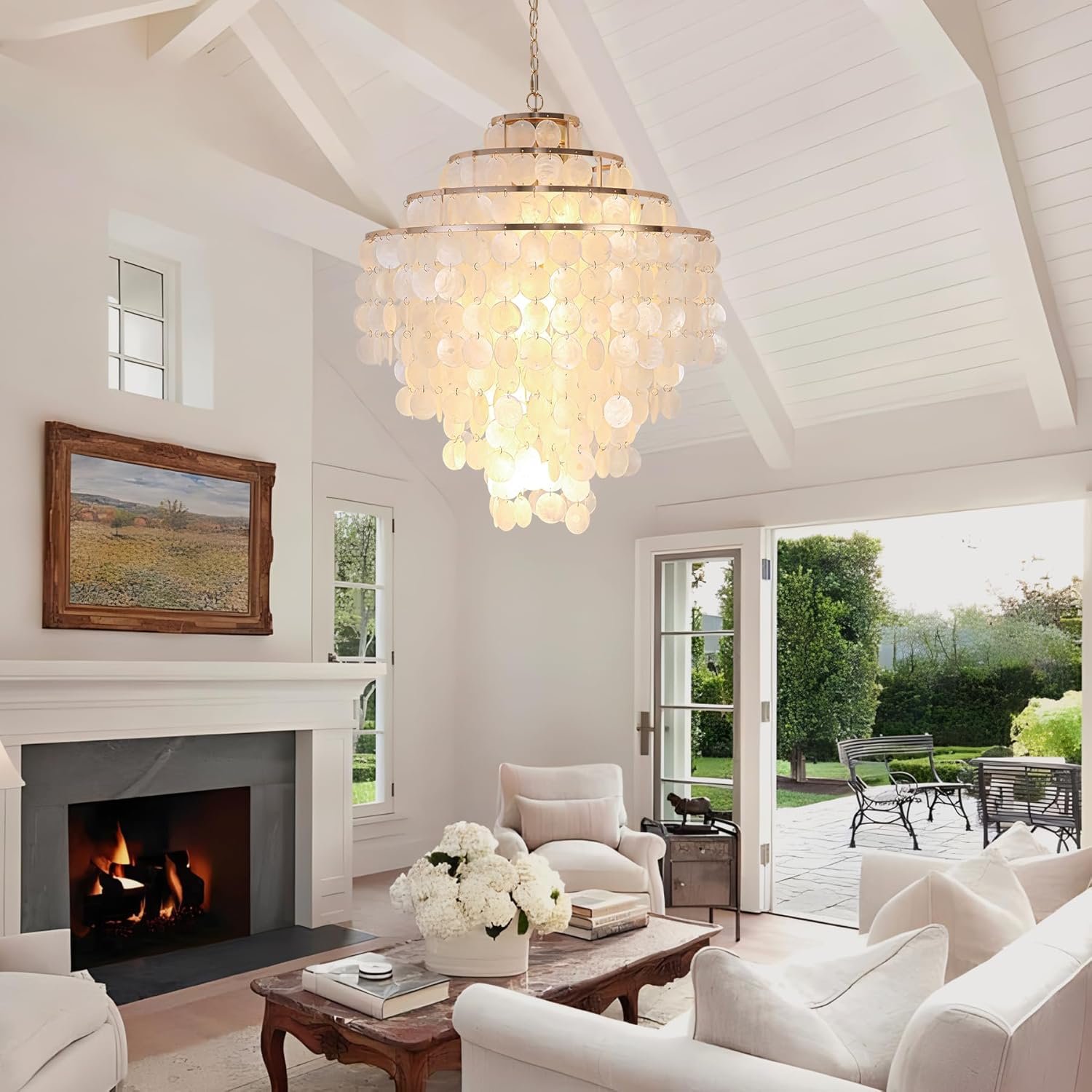 Coastal Capiz Shell Chandelier 24 inch Gold Natural Seashell Farmhouse Boho Chandelier 4-Light Pendant Light Fixture for Living Room Foyer Kitchen Island Entryway Dining Room Bedroom,LED Bulb Included